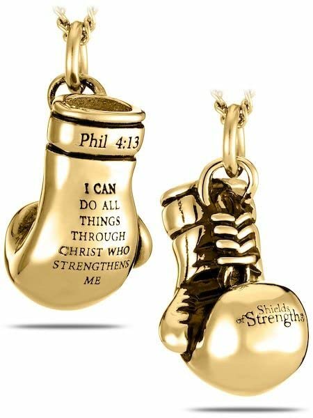 Shields of Strength Men's 14K Gold Plated or Stainless Steel Boxing Glove Necklace Pendant Chain - Philippians 4:13 Bible Verse Christian Jewelry for Him - Perfect for Workout Motivation, Religious Gifts & Daily Wear