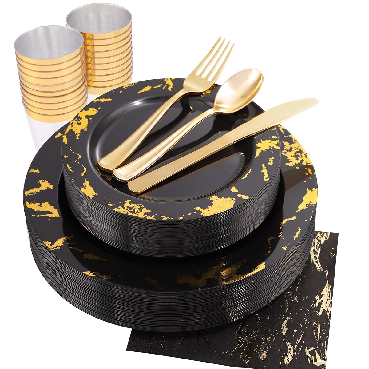 Nervure 175-Piece Black Plastic Dinnerware Set with Gold Marble Design - 25 Dinner Plates, 25 Dessert Plates, 25 Cups, 25 Forks, 25 Knives, 25 Spoons, 25 Napkins - Perfect for Parties, Weddings, New Year Celebrations & Special Events