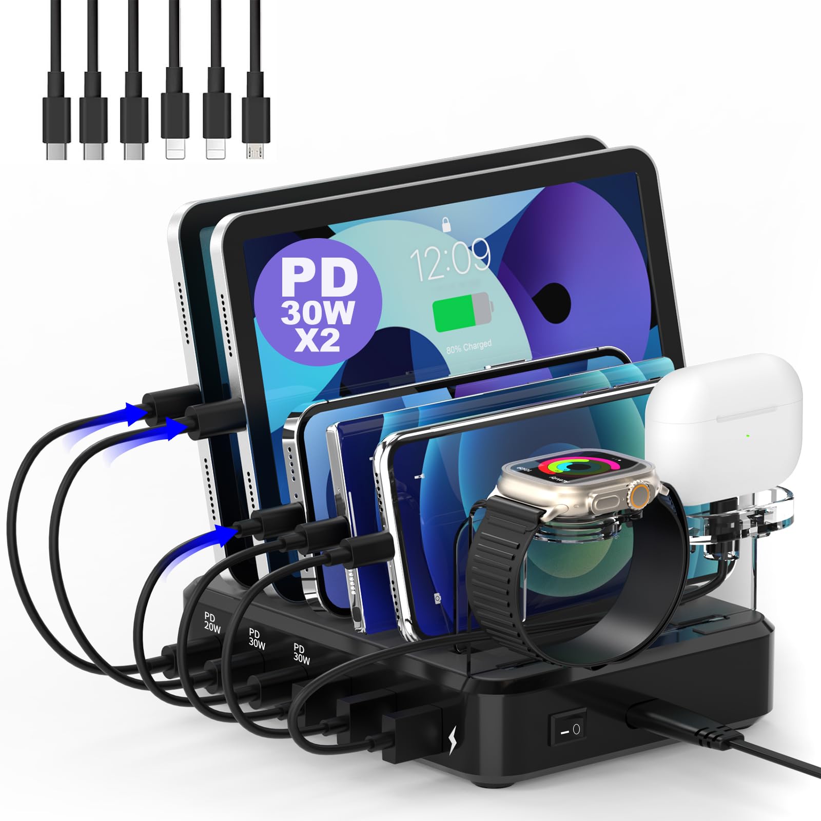 100W 6-Port USB Charging Station with 3 PD Fast Charge Ports - Multi-Device Charger for iPhone, iPad, Samsung Phones & Apple Watch (Watch Charger Sold Separately) | Perfect for Home, Office & Travel Use