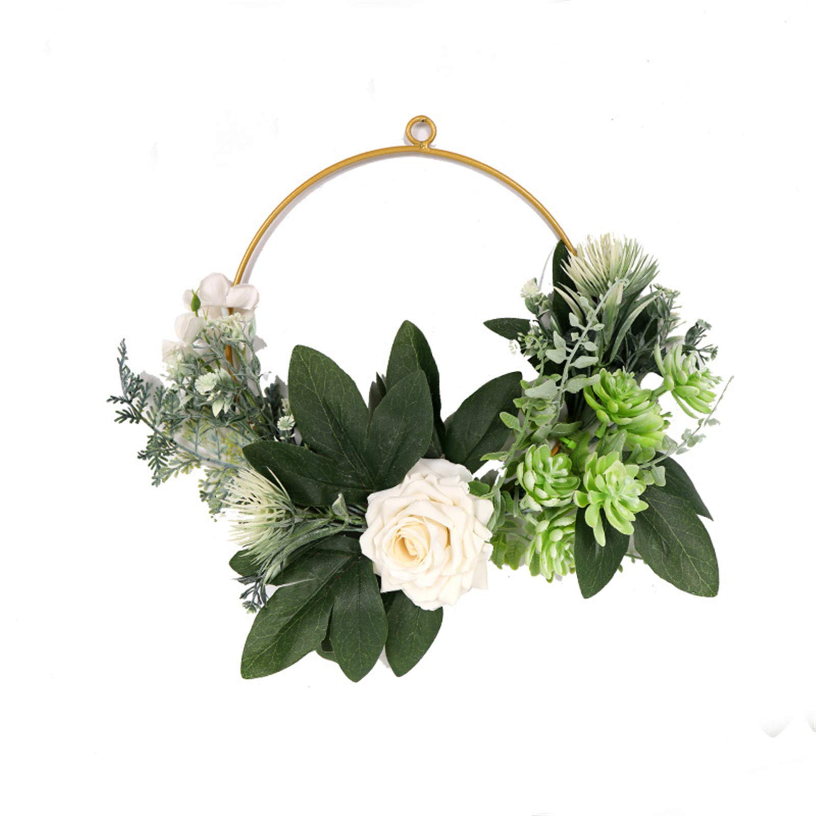 Tomppy Artificial Iron Art Rose Wreath - Floral Succulent Hoop Wreath for Wedding Backdrop, Front Door Decor, Wall Hanging - Metal Ring Garland for Home, Nursery, Office - Green Decorative Wreath for Seasonal & Holiday Decorations