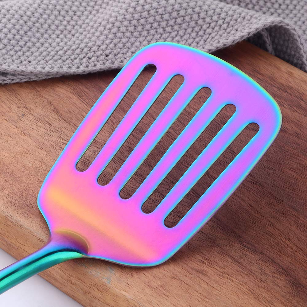 BuyGo Stainless Steel Rainbow Slotted Spatula Turner - Heat-Resistant Kitchen Utensil with Ergonomic Vacuum Handle for Cooking, Flipping & Serving - Dishwasher Safe - Perfect for Woks, Pans & Grilling