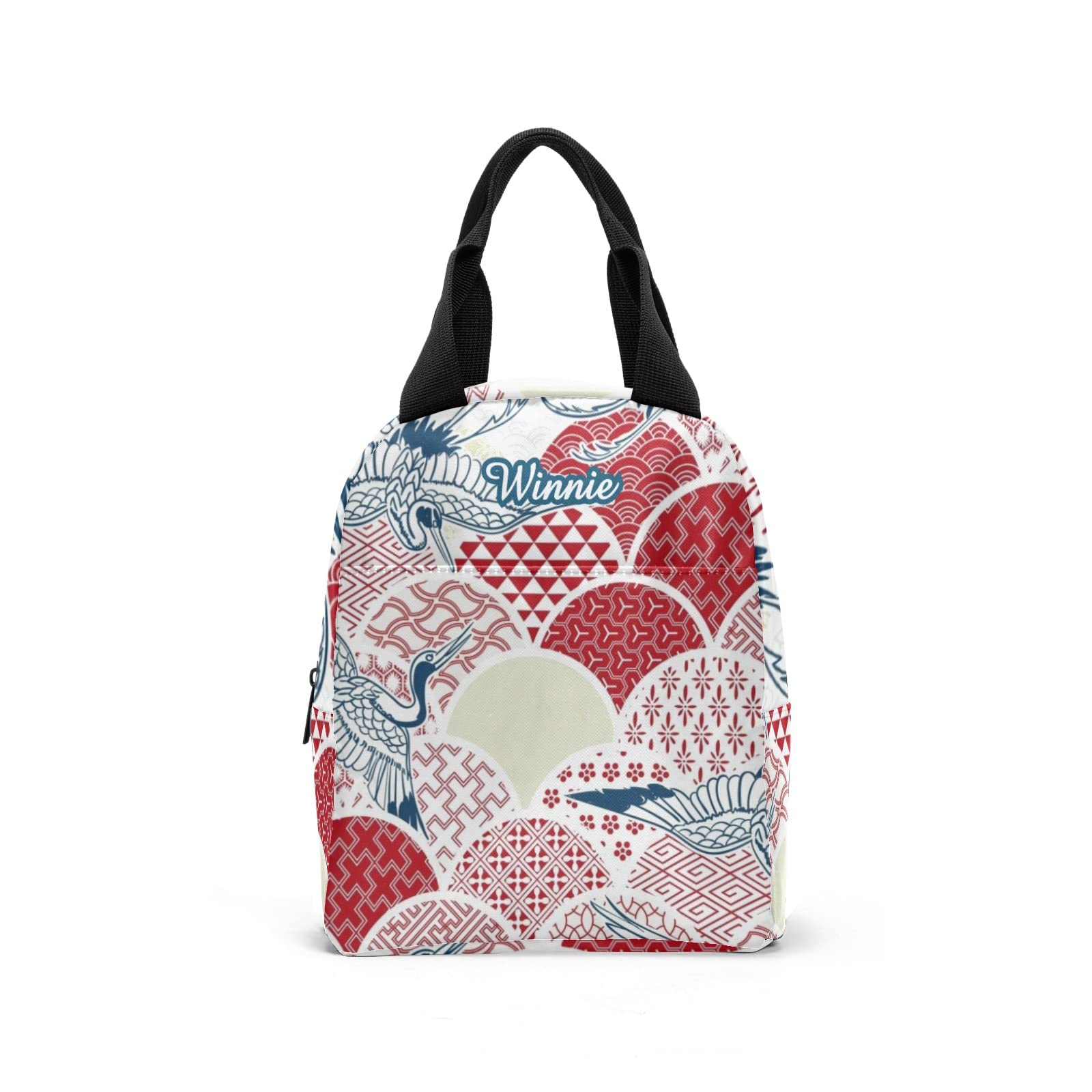 Custom Insulated Waterproof Lunch Bag with Crane Bird Kimono Pattern - Personalized Tote Lunch Box for Kids, Boys & Girls - Great for School, Work & Picnics