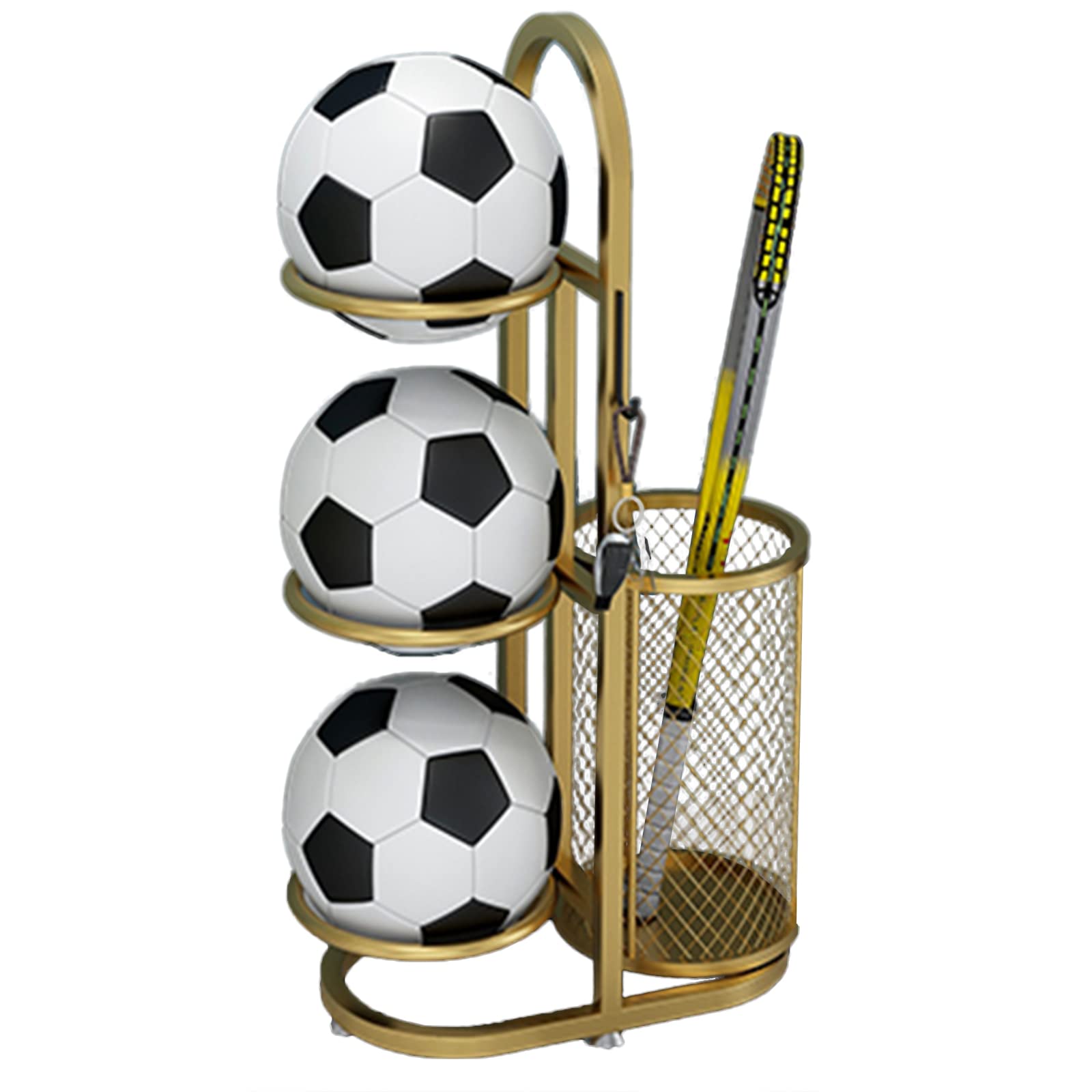 JHSLXD Multi-Sport Storage Rack - Metal Iron Basketball, Football, Volleyball & Racket Organizer | Gold Sporting Goods Display Stand for Gym, Home & School Use
