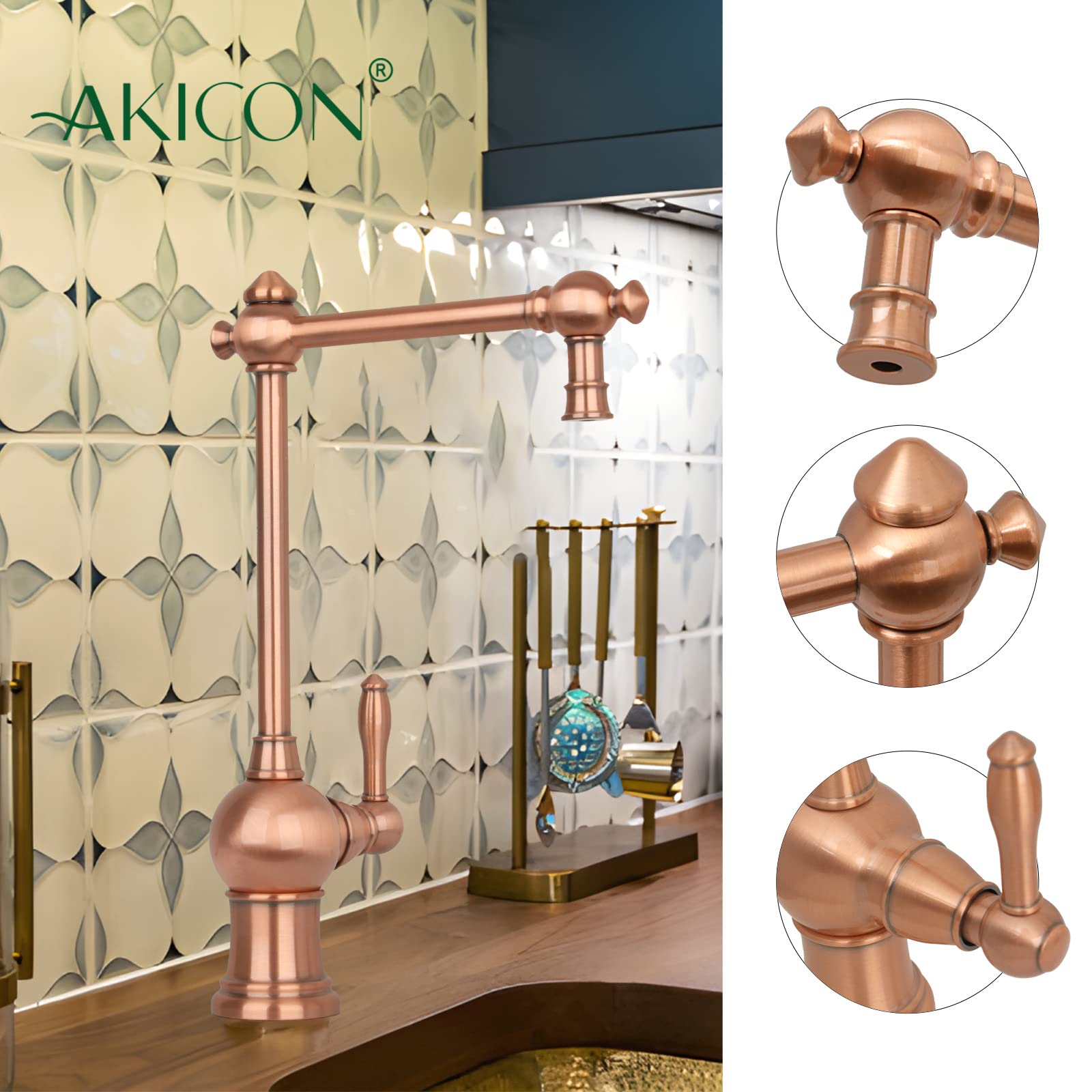 Akicon One-Handle Copper Drinking Water Filter Faucet - Instant Hot Water Dispenser & Filtration System - Premium Copper Construction for Kitchen & Bathroom Use