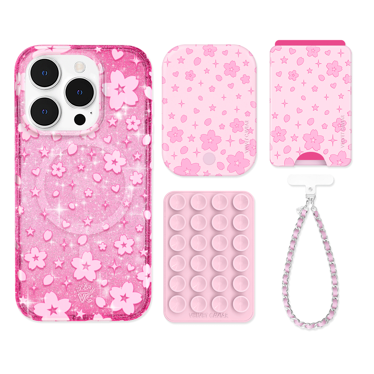Cherry Blossom Glitter iPhone Case with Wallet - Cute Floral Phone Cover & Card Holder for Women - Perfect for Spring Outfits, Travel, and Everyday Use