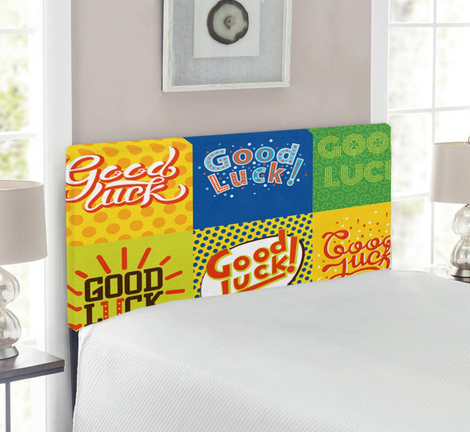 Ambesonne Going Away Party Headboard - Lucky Phrase Text Farewell Comic Book Pop Art Retro Typography Print - Upholstered Decorative Metal Bed Frame with Memory Foam - Twin Size Multicolor - Perfect for Dorm Rooms, Guest Bedrooms & Themed Parties