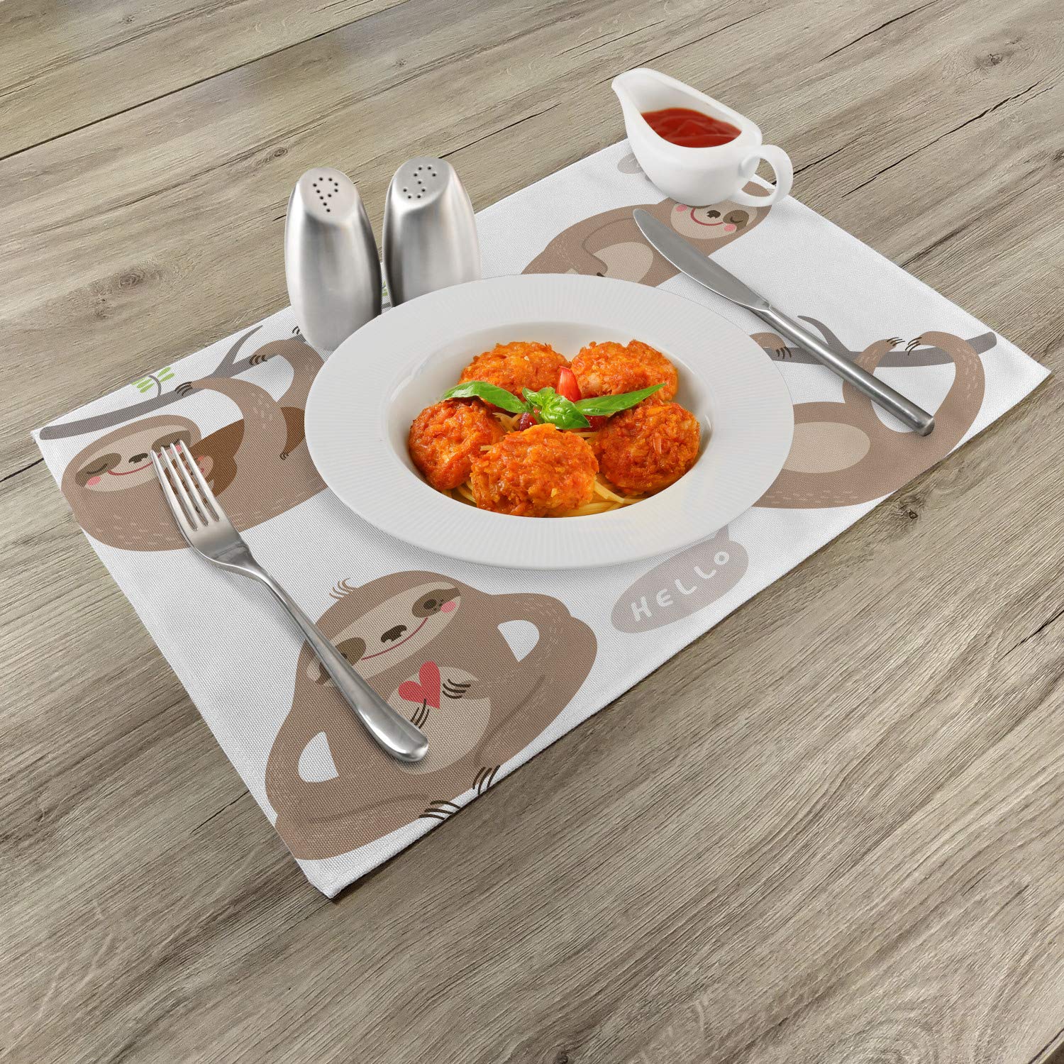 Ambesonne Sloth Place Mats Set of 4 - Funny Lazy Sloths Hugging Family Design, Washable Fabric Table Mats for Dining Room & Kitchen Decor in Pale Brown Grey Green - Perfect for Family Dinners, Kids Meals, and Cozy Home Decor