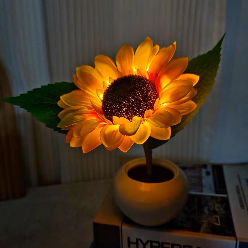 Artificial LED Sunflower Lamp with Ceramic Pot - Table Light & Night Light for Home Office Decor, Housewarming Gift Idea - Perfect for Bedroom, Living Room & Desk Decorations