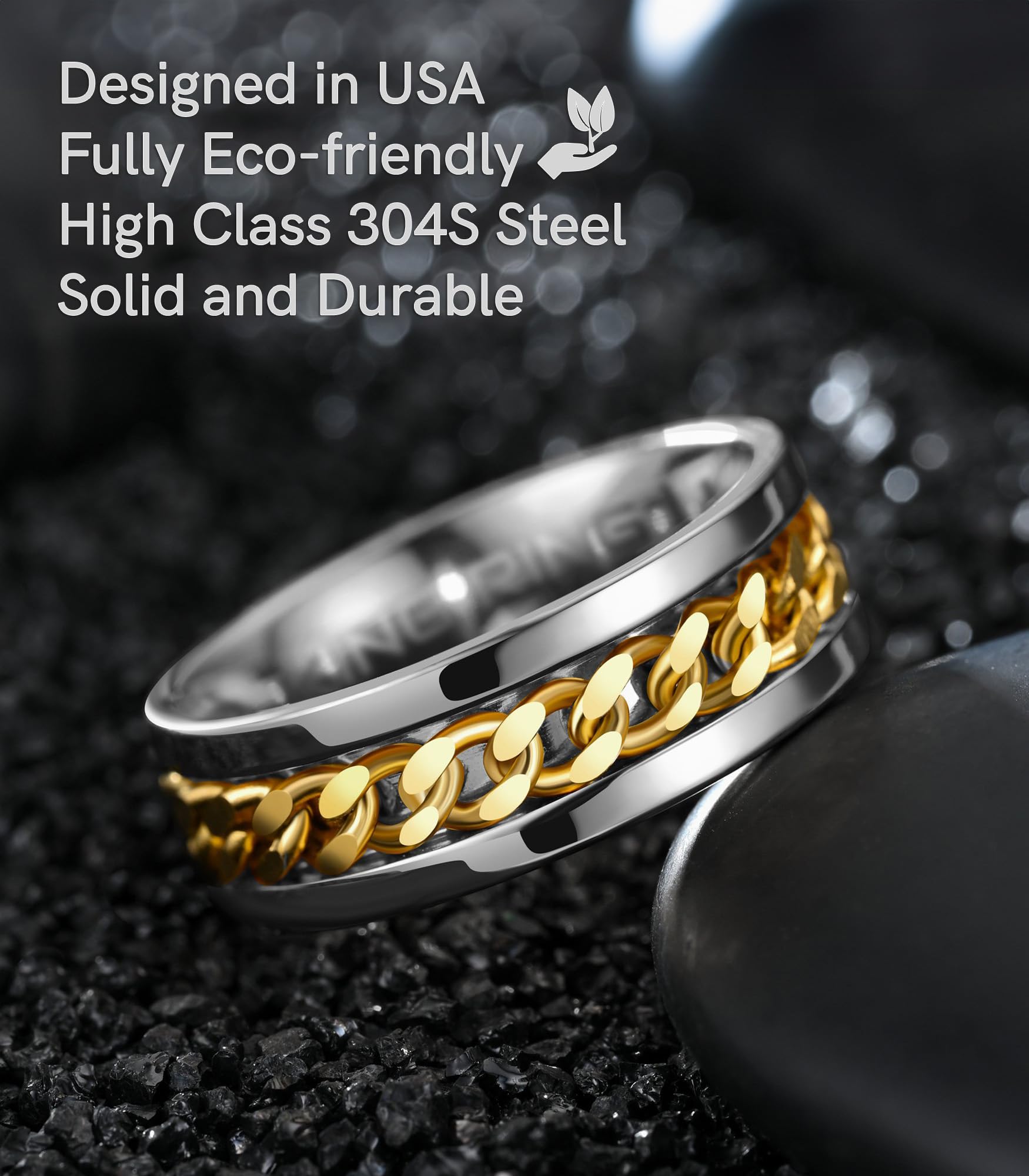 8mm Spinner Ring for Men & Women - Fine Polished Flat Fidget Ring with Cuban Chain - Stress Relief & Anxiety Relief Jewelry - Perfect for Office, Travel & Daily Wear - Designed in USA