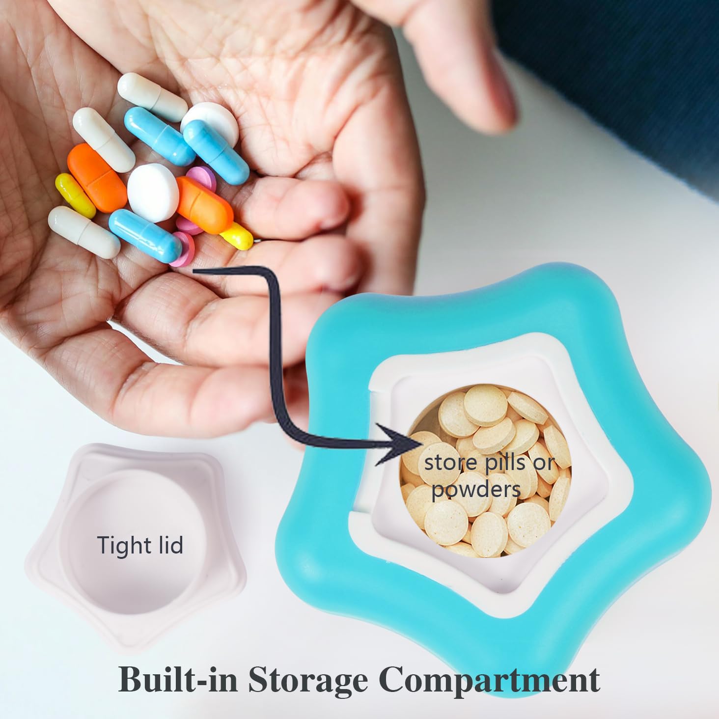Johnbee Pill Crusher & Grinder - Fine Powder Pill Crusher for Elderly, Family & Pets with Storage Compartment & Cleaning Brush (Cyan) - Perfect for Medication Management at Home, Travel & Veterinary Use