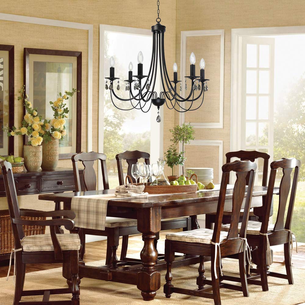Modern 8-Light Black Crystal Chandelier - Mid Century Ceiling Lighting Fixture for Dining Room, Kitchen Island & Entryway - Elegant Pendant Light with Clear Crystals for Home Decor