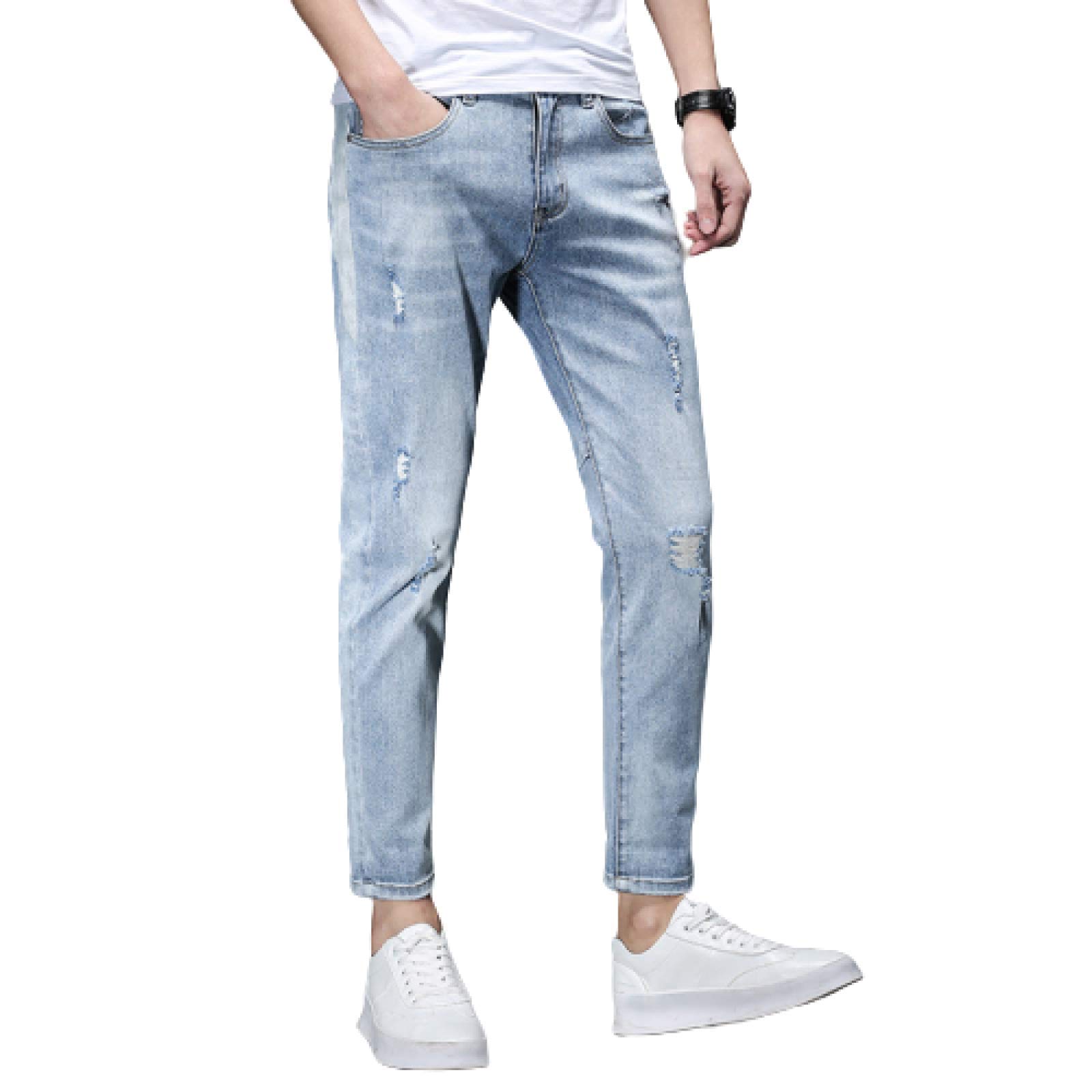 Men's Stretch Vintage Ripped Jeans - Summer Tapered Work Jeans with Distressed Wash for Casual Wear & Street Style
