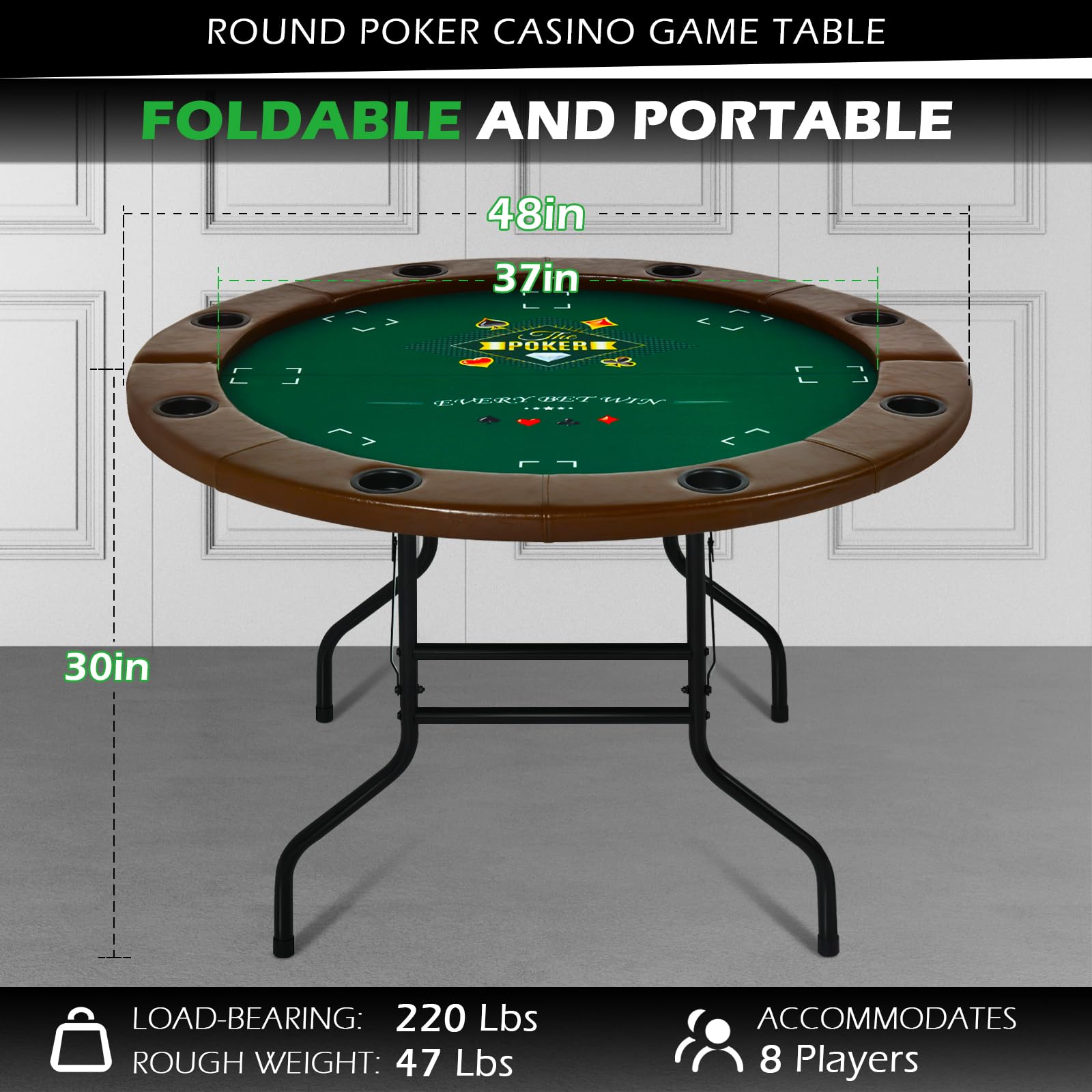 Foldable Round Poker Table for 8 Players - Casino Style Card Game Table with Stainless Steel Cup Holders & Padded Rails - Portable Texas Holdem & Blackjack Table (Brown) | Perfect for Home Game Nights, Poker Parties & Casino-Themed Events