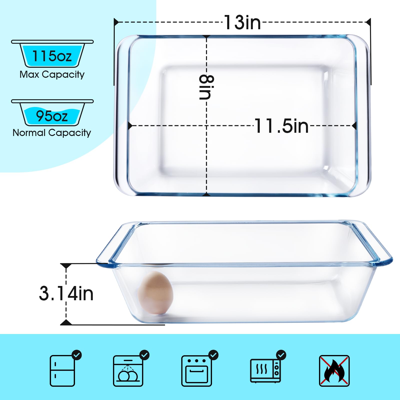 Nutriups 3.7QT (11.5x8 Inches) Large Rectangular Glass Baking Dish - Oven & Microwave Safe Casserole Pan for Lasagna, Roasting, Baking | Perfect for Family Dinners, Meal Prep & Holiday Cooking