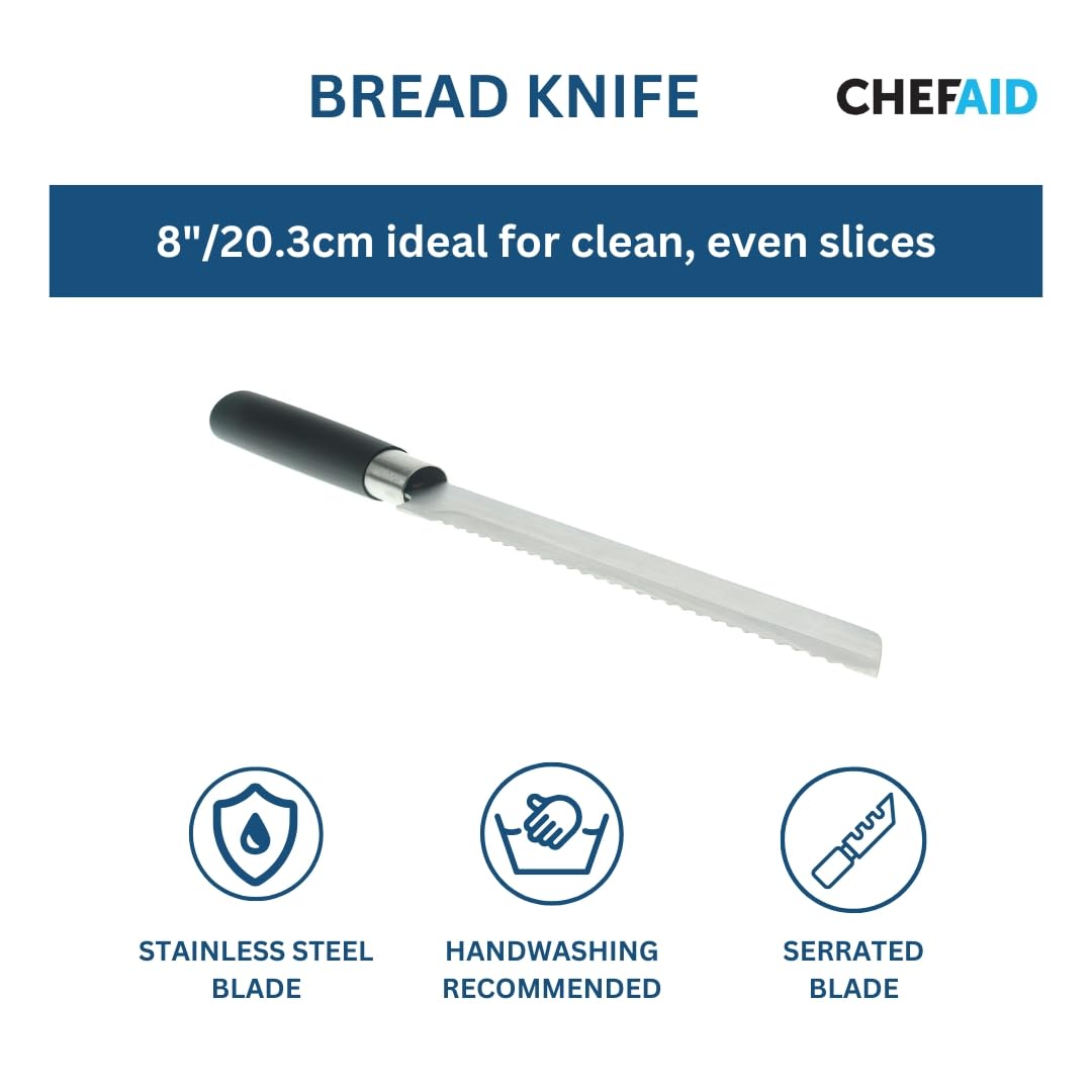 8 Inch Stainless Steel Bread Knife with Soft Grip Handle - Serrated Blade for Slicing Bread, Cakes & Baked Goods | Perfect for Home Kitchens, Bakeries & Professional Chefs | Hand Wash Recommended
