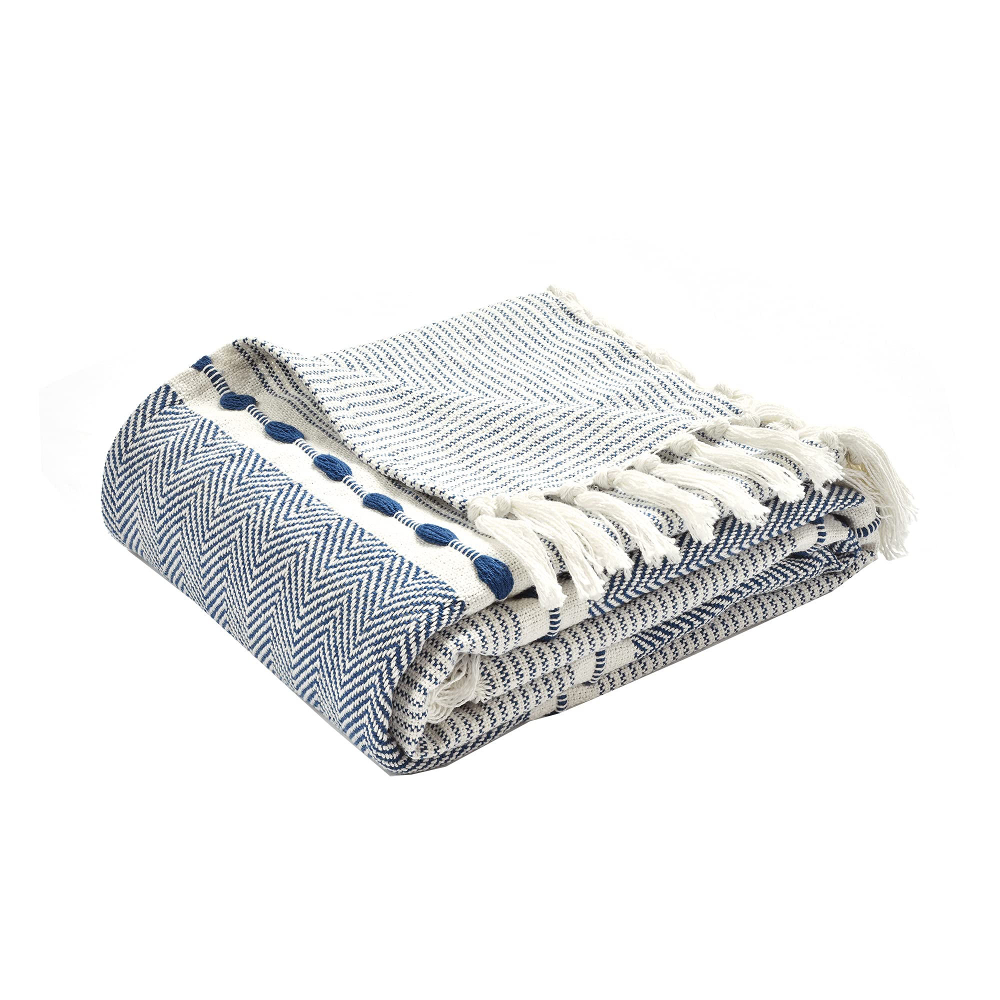 Lush Decor Soft Cotton Woven Tassel Blanket - Navy Herringbone Stripe Throw (50