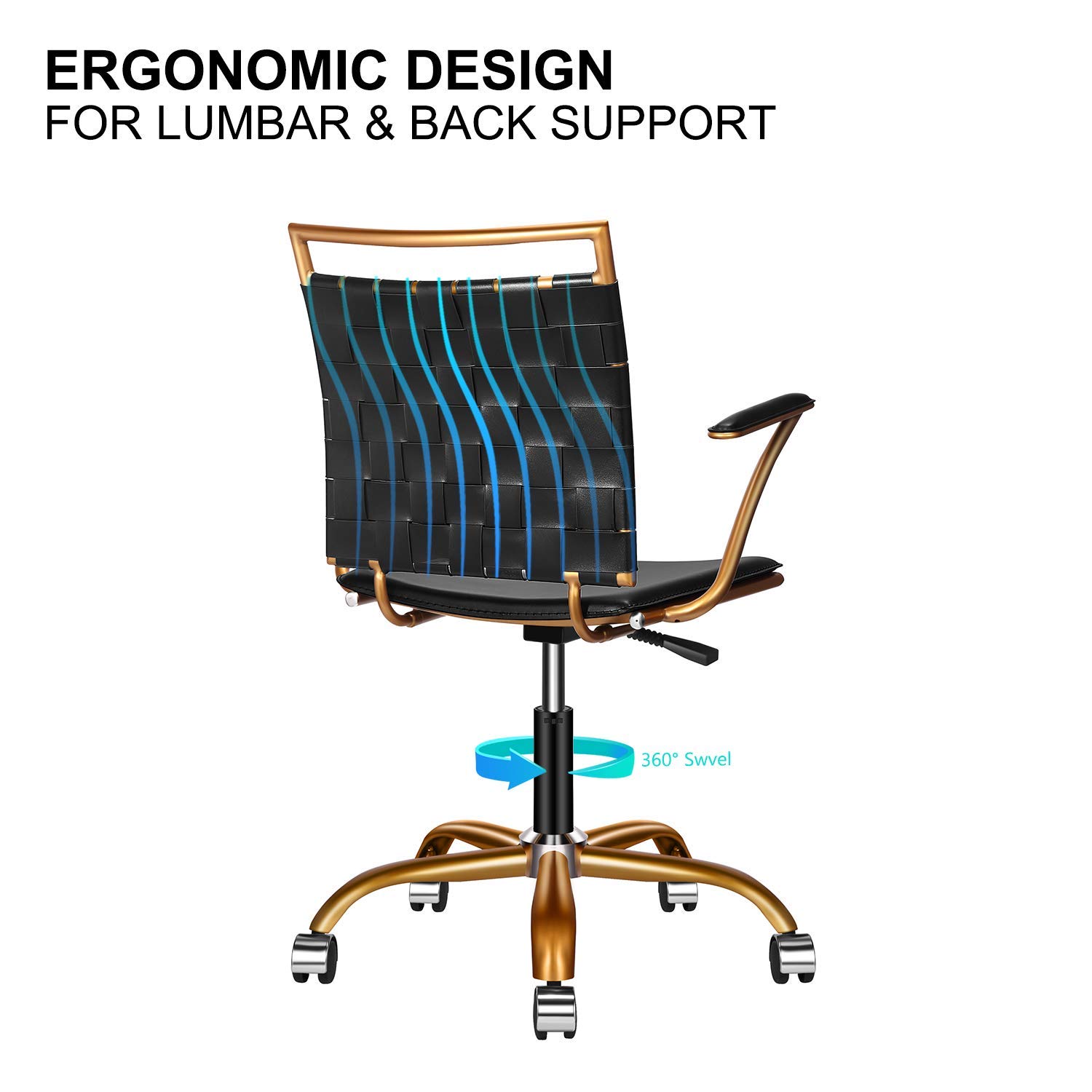 Ergonomic Office Chair with Vegan Leather - Black & Gold Swivel Desk Chair for Home & Reception, Extra Back & Lumbar Support | Perfect for Long Work Hours, Gaming & Conference Rooms