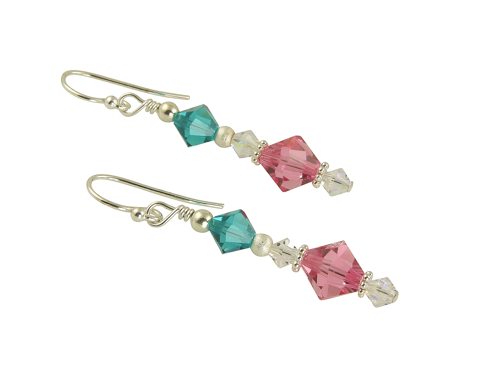 Elegant Teal Rose Pink Crystal Beaded Earrings for Women - Handmade Dangle Earrings for Party, Wedding & Special Occasions