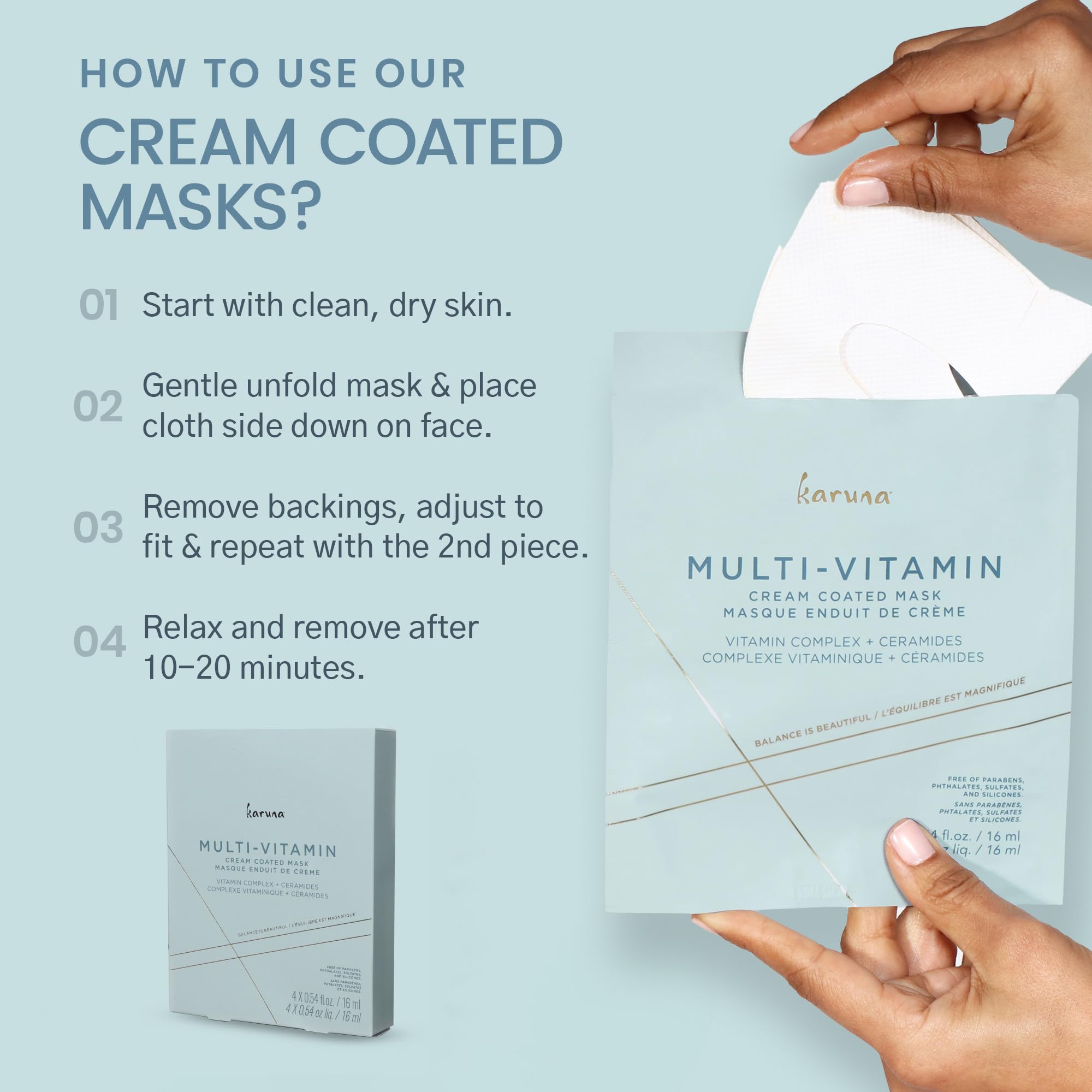 Karuna Multi-Vitamin Face Masks - Cream-Coated Hydrating Sheet Masks for Sensitive Skin | Hypoallergenic, Vitamin-Rich Skincare Treatment | Lightweight & Non-Greasy Formula | 16ml x 4 Pack | Perfect for Daily Hydration, Spa Nights & Travel Skincare Routine