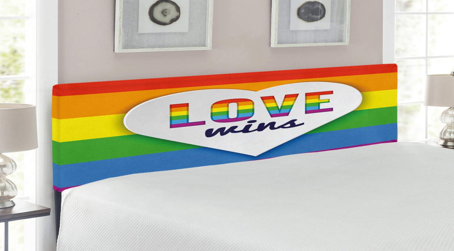 Ambesonne Pride Headboard - Rainbow Flag with Stripes & Love Wins Text - LGBT Themed Upholstered Metal Bed Frame with Memory Foam - King Size Multicolor Headboard for Bedroom Decor - Perfect for Pride Month, LGBTQ+ Friendly Spaces & Colorful Home Interiors