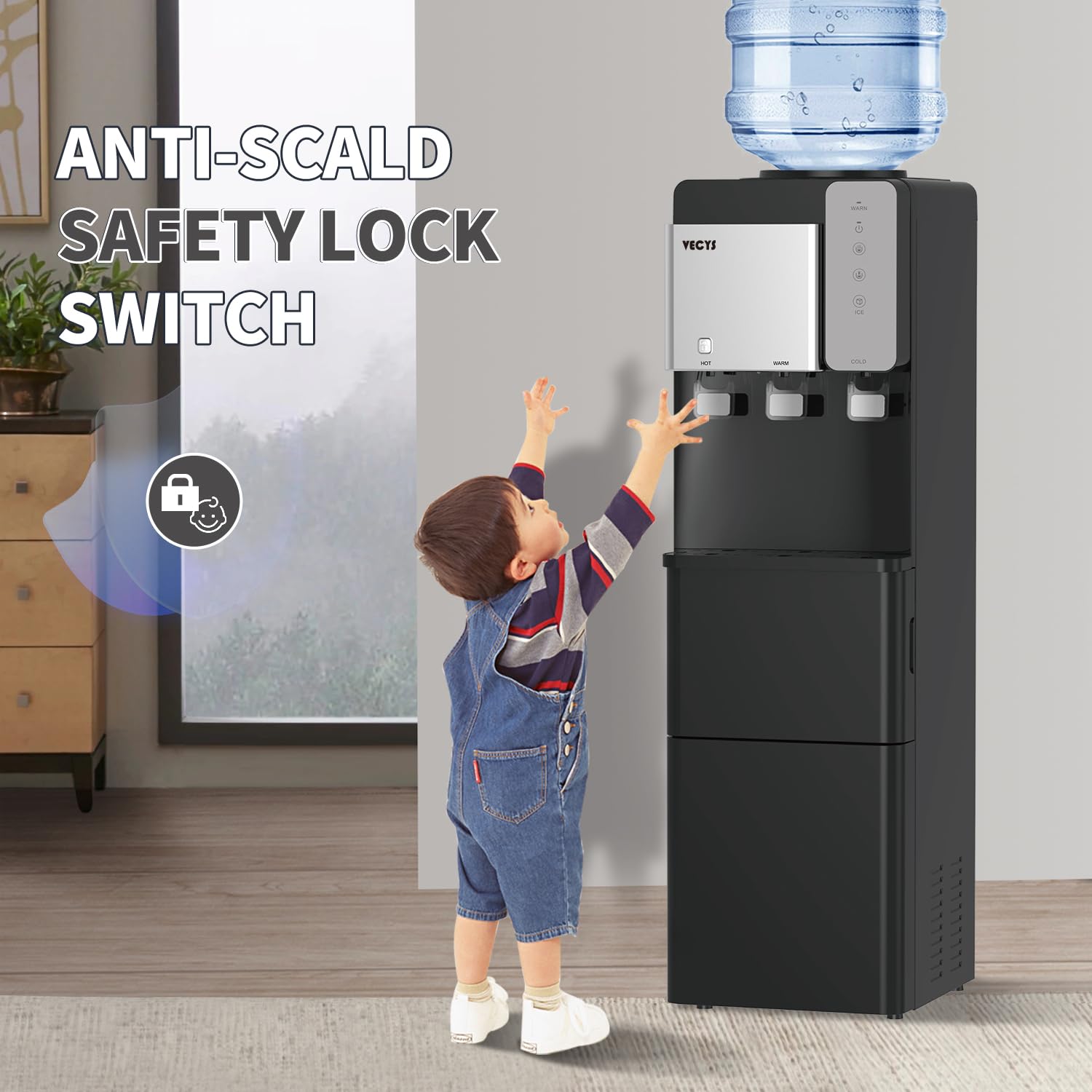 VECYS 27LBS Daily Ice Maker Water Dispenser Cooler with Hot & Cold Water, Child Safety Lock, Compatible with 3/5 Gallon Bottles - Perfect for Home, Office, Kitchen & Parties