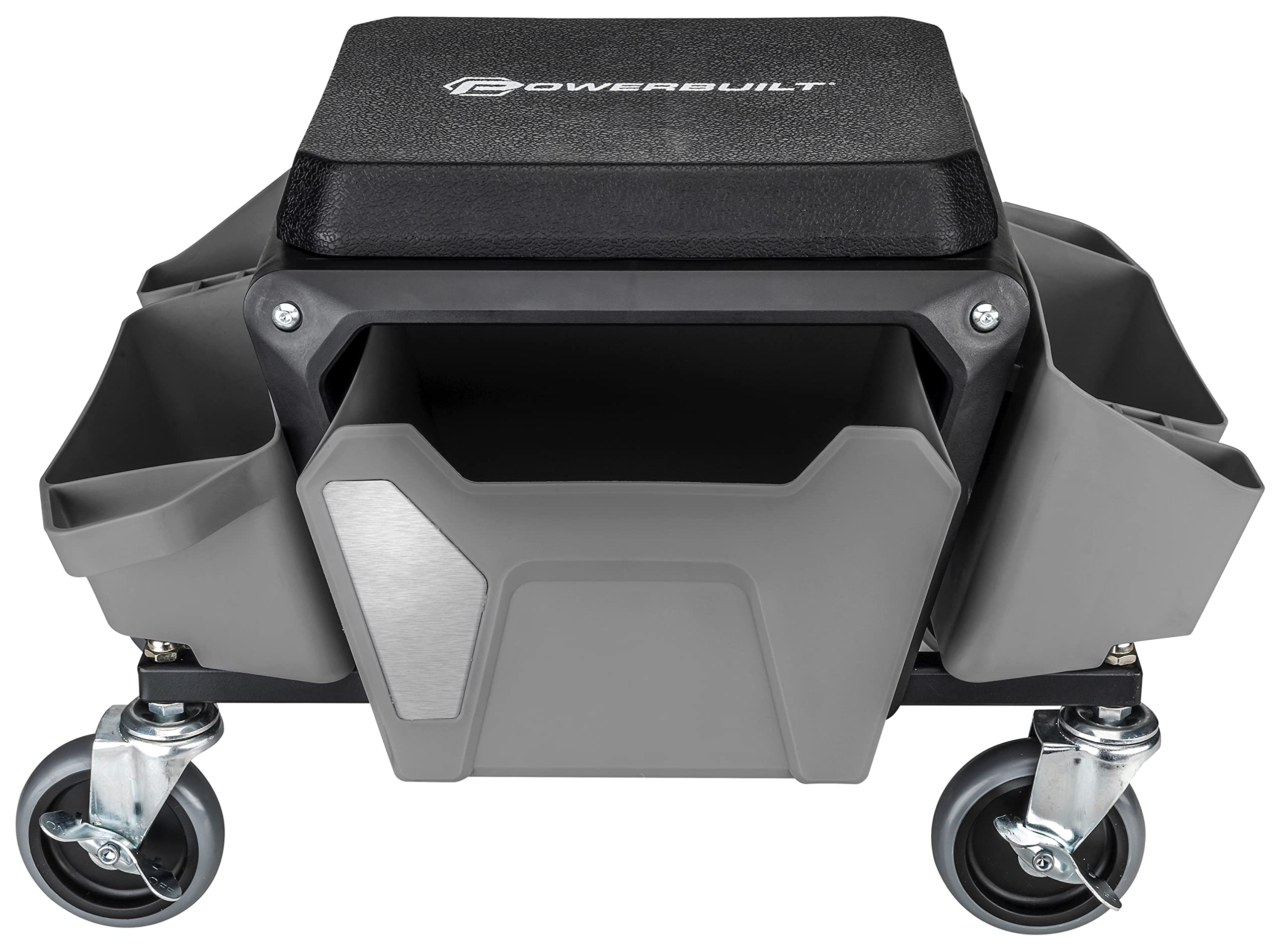Powerbuilt Rolling Work Seat Stool with 4-inch Lockable Wheels - Heavy Duty 330 lb Capacity Mechanics Stool with Tool Trays & Drawer, Large Seating Platform - Perfect for Garage Work, Auto Repair, Gardening & DIY Projects (Grey, Model 941881ECE)