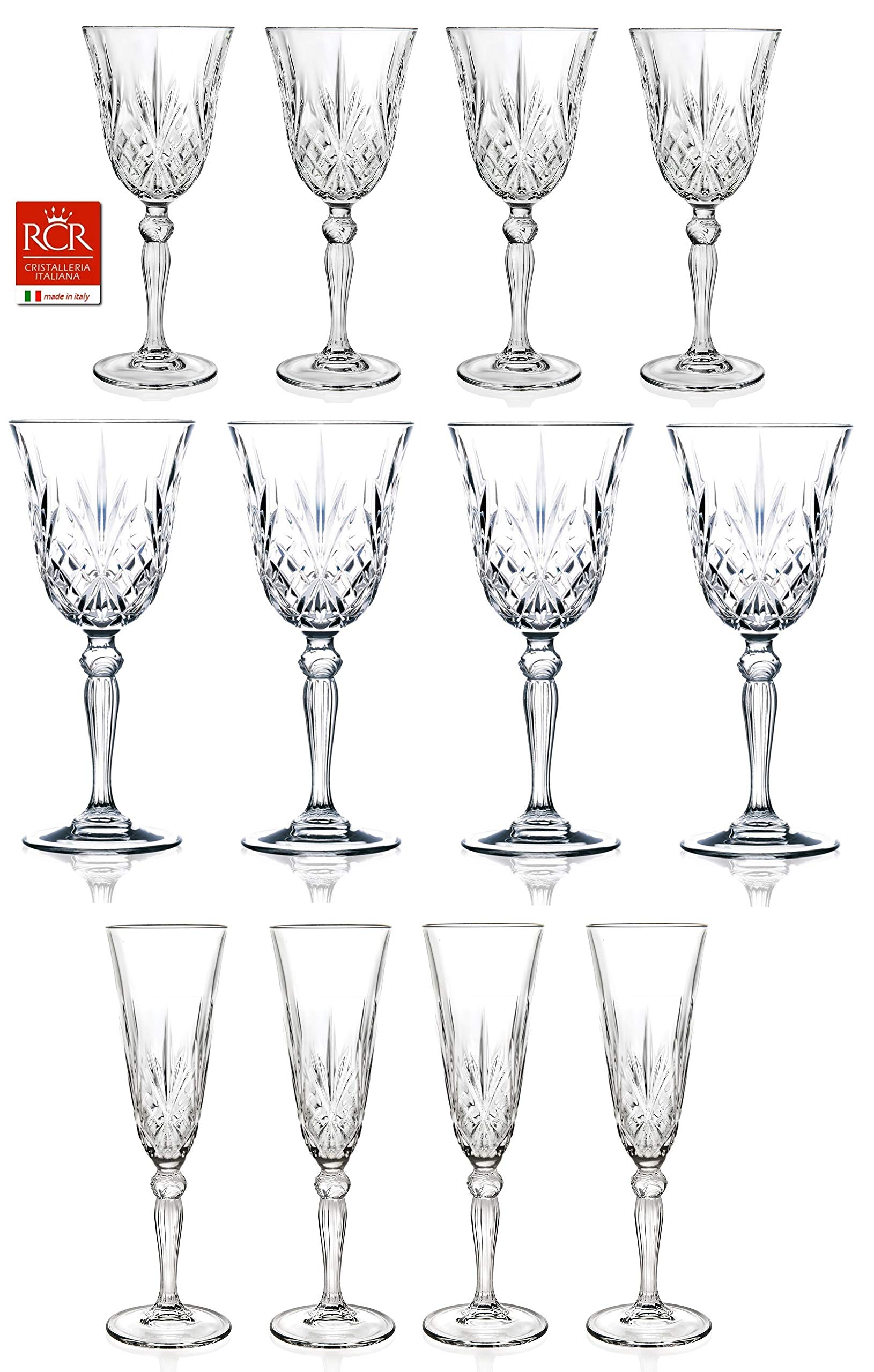 Premium RCR Cristalleria Italiana 12-Piece Crystal Glass Drinkware Set - Elegant Champagne Flutes, Water & Wine Goblets for Weddings, Parties & Fine Dining