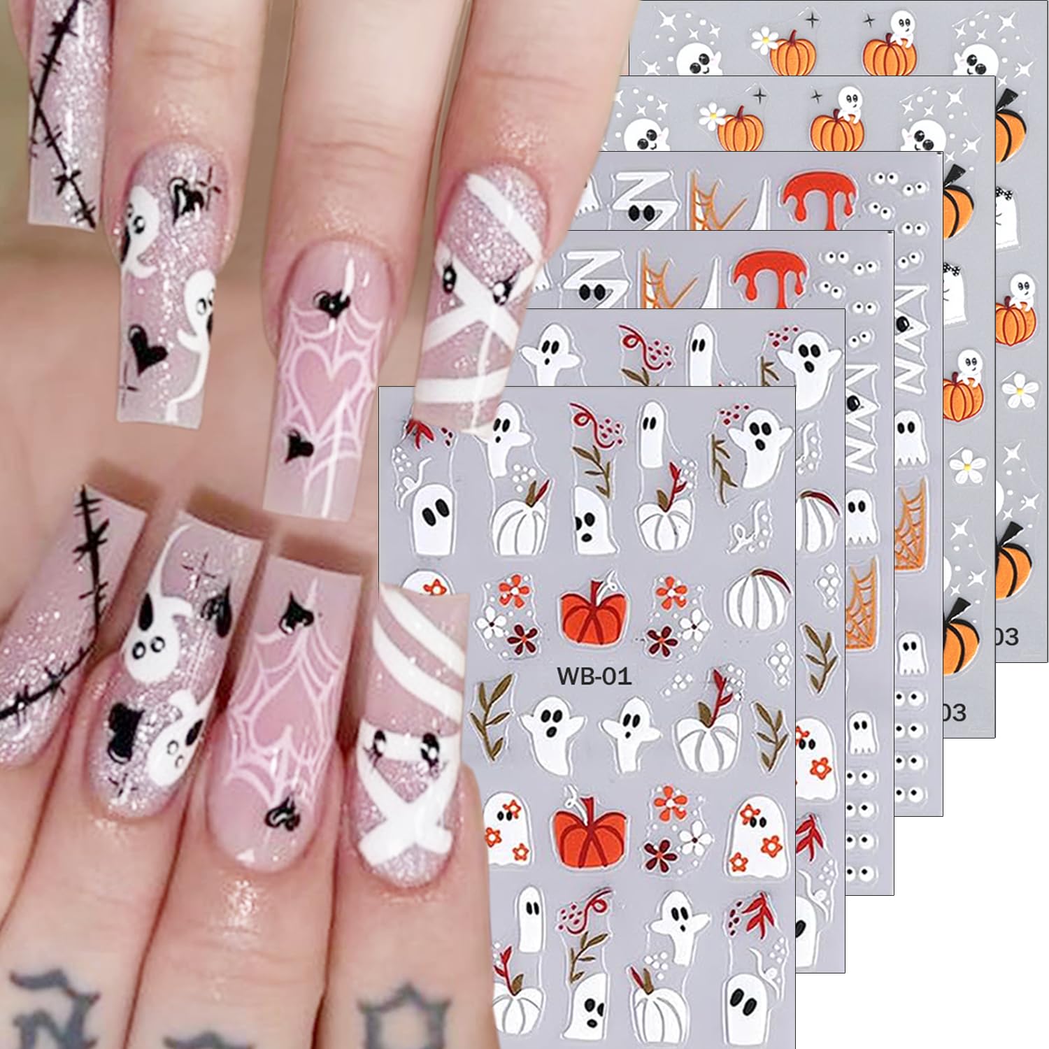 Halloween Nail Stickers - 6 Sheets Cute Ghost, Spider Web, Pumpkin & Mummy Nail Art Decals | Self-Adhesive Nail Designs for Women | DIY Manicure Decorations for Halloween Parties & Costume Events