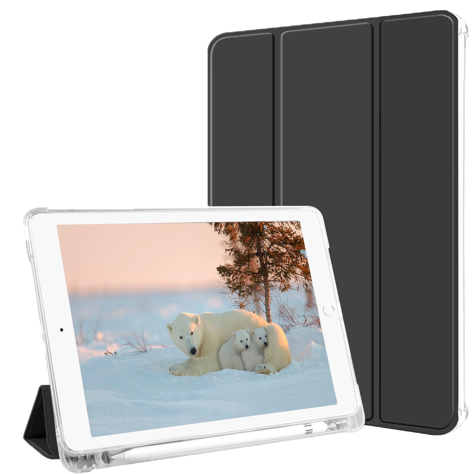 Premium Lightweight Trifold Smart Case for iPad Air 3 (2019) & iPad Pro 10.5 (2017) - Auto Sleep/Wake Function, Pencil Holder & Transparent TPU Back Cover - Perfect for Work, Study & Travel (10.5 Inch, Black)