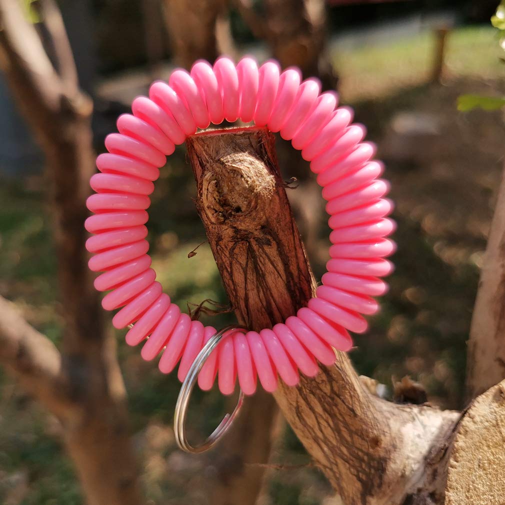 Flexible Plastic Spring Spiral Wrist Coil Band - Stretchable Key Chain Ring Tag - Pack of 100 (Pink) - Perfect for Key Organization, ID Badge Holders, and Office Supplies