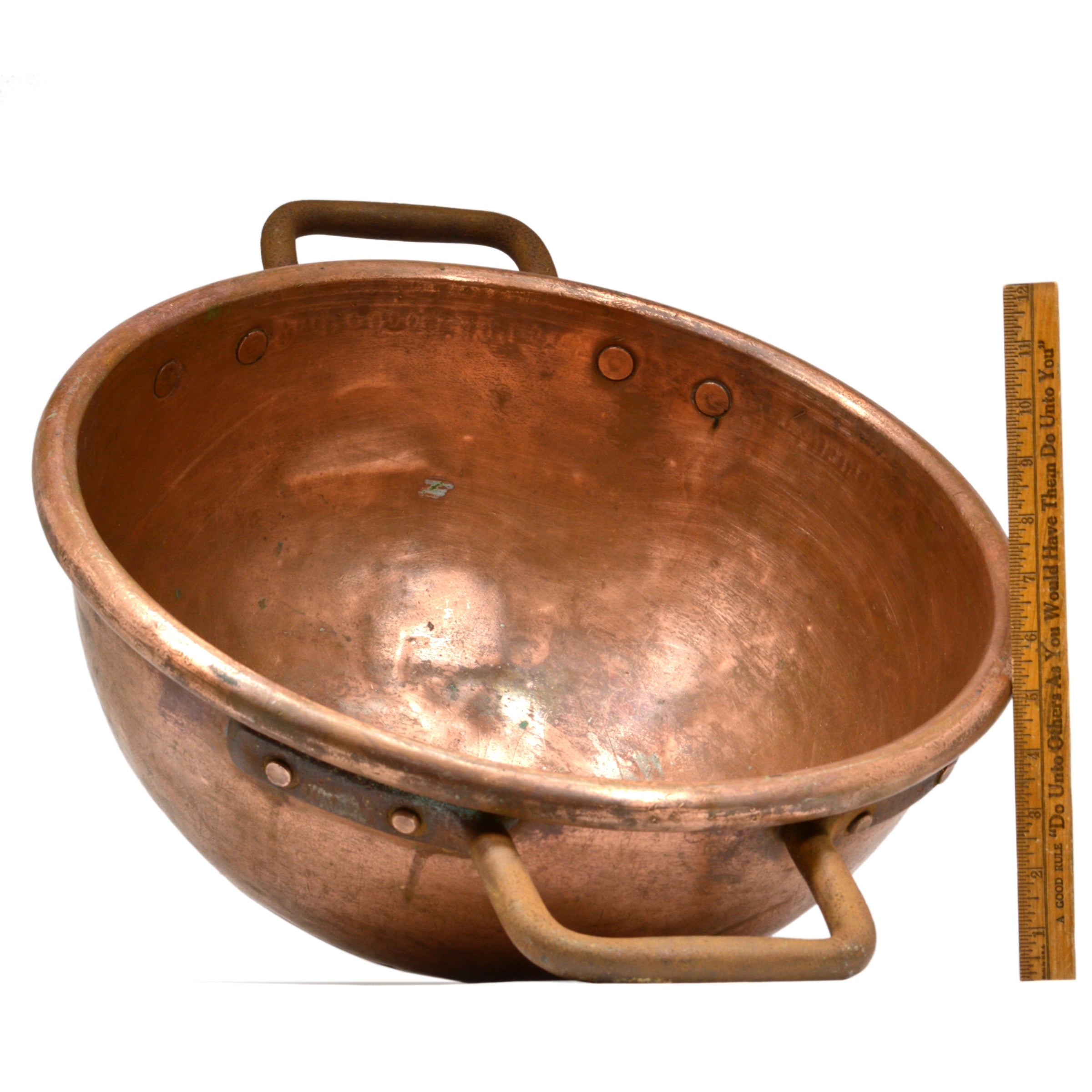 Antique 5 Gallon Copper Pot - 20L Apple Butter Kettle with 2 Iron Handles, 19th Century Style Cauldron for Cooking, Canning, and Vintage Home Decor