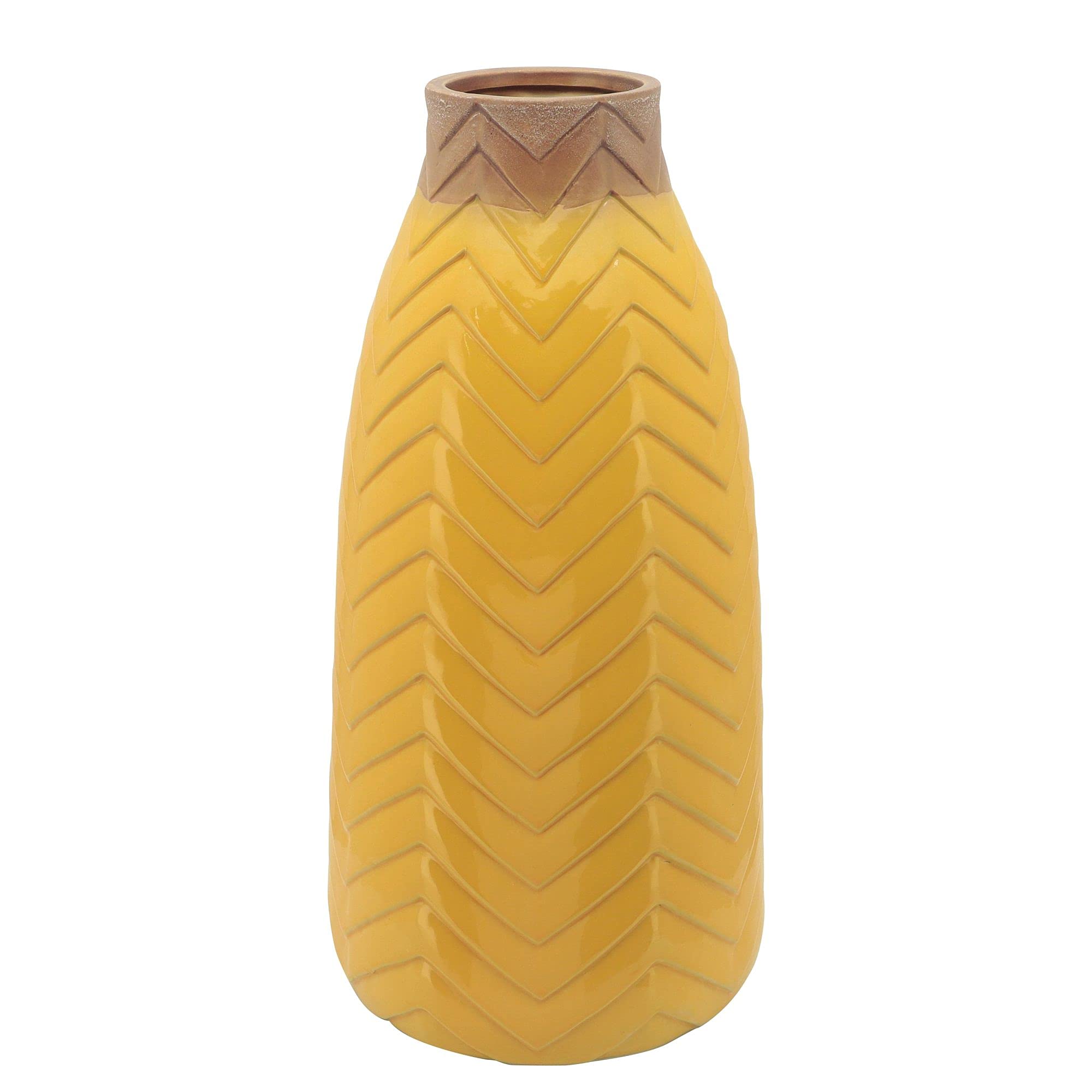 Kingston Living 18-Inch Yellow and Brown Chevron Ceramic Vase - Elegant Home Decor for Living Room, Dining Table, or Wedding Centerpiece