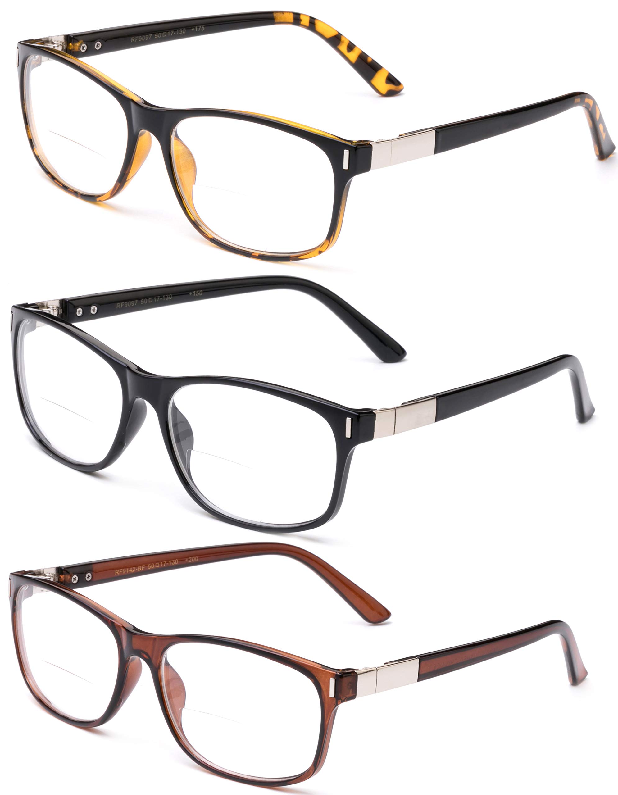 3-Pack Unisex Bifocal Reading Glasses 1.00 Strength - Rectangle Frame with Protective Pouches - Perfect for Reading, Crafts & Close-Up Work