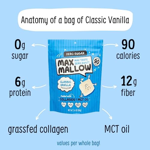Max Mallow Sugar Free Marshmallows - Keto Friendly, Zero Sugar Snacks for S'mores, Hot Chocolate & Baking | Classic Vanilla Flavor | 6 Pack | Perfect for Camping, Desserts & Low-Carb Diets