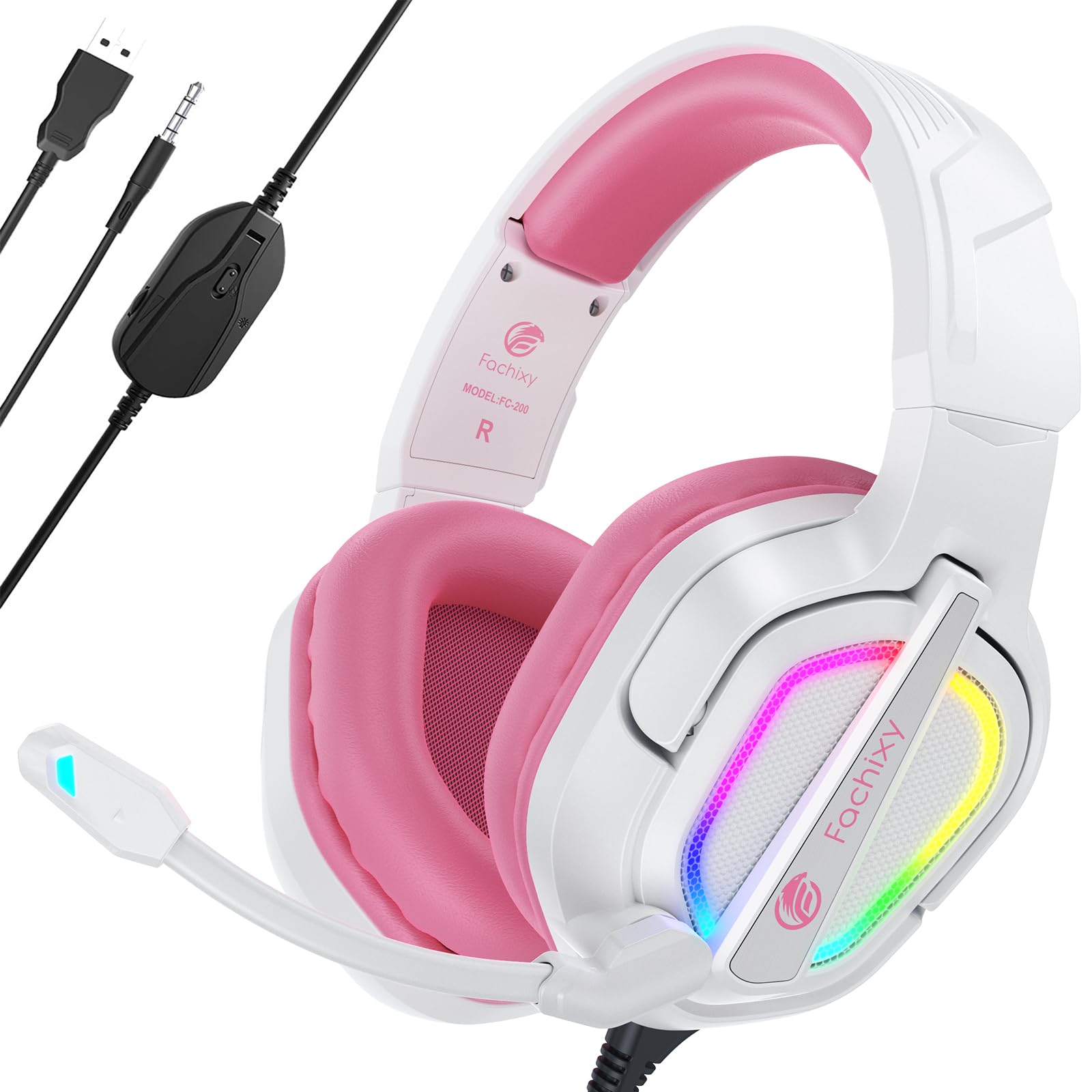 Fachixy FC200 RGB Gaming Headset for PS5, PS4, PC, Xbox, Nintendo Switch - Wired Stereo Headphones with Noise Cancelling Mic & LED Lights (White Pink) - Perfect for Gaming, Streaming & Online Meetings