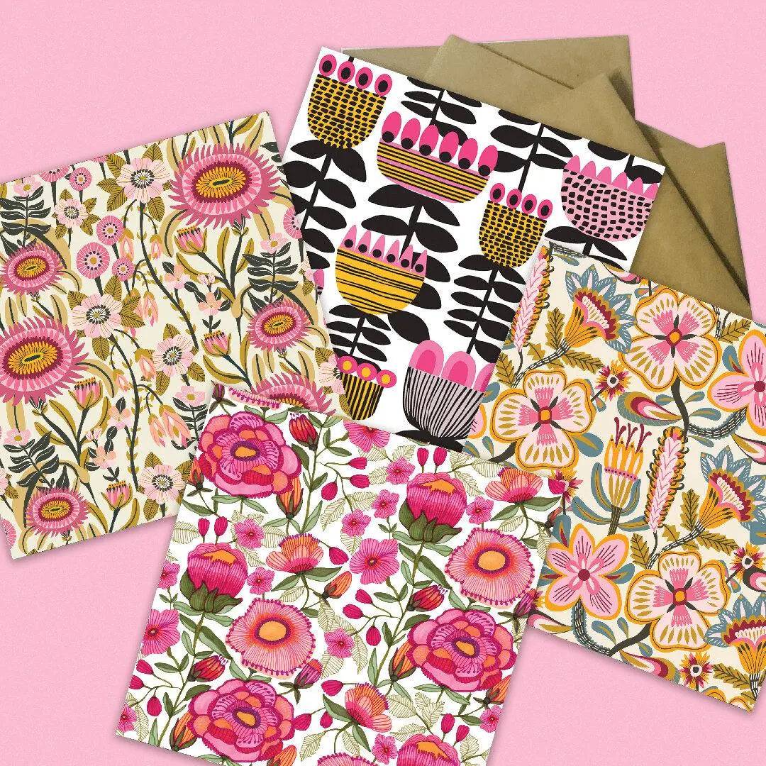 Folk Blooms Australian Greeting Cards - Handmade Floral Design Greeting Cards for Birthday, Wedding, Thank You - Perfect for Special Occasions & Gift Giving