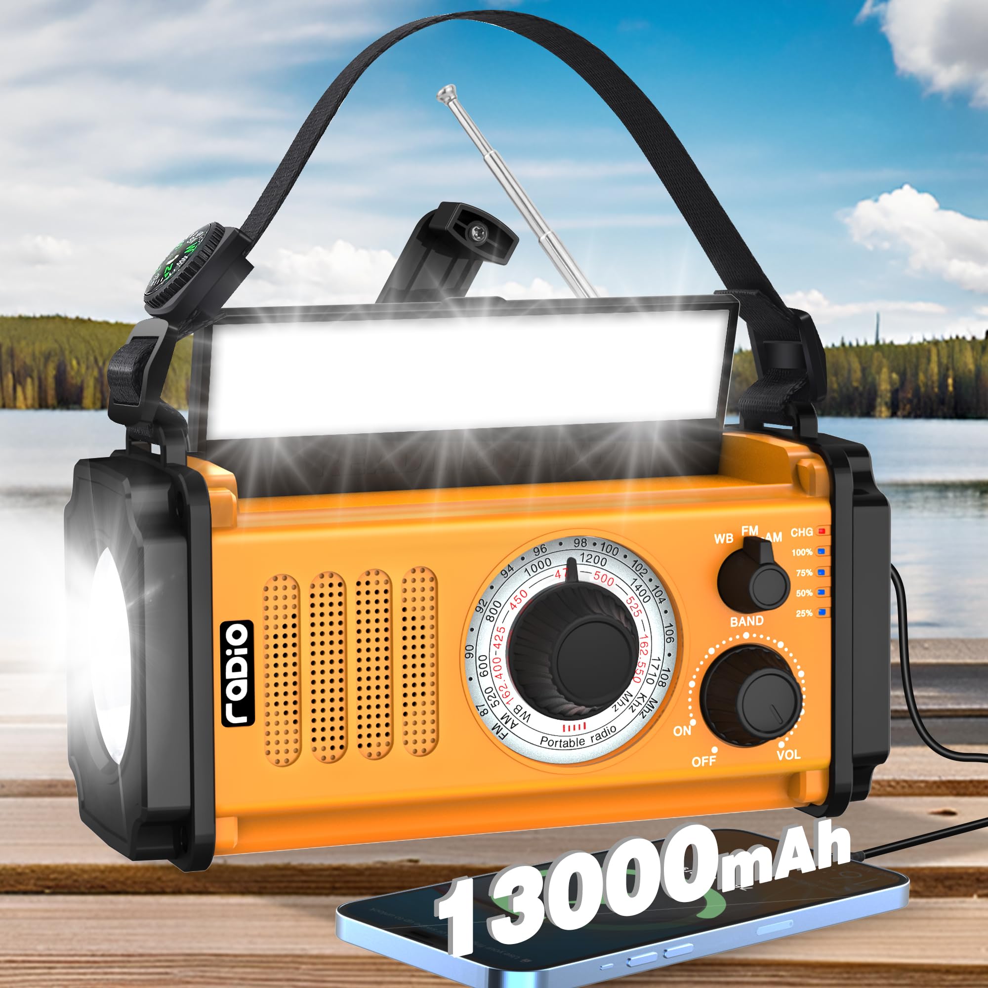 48100mWh Emergency Crank Weather Radio - 5-Way Powered Solar Hand Crank NOAA/AM/FM Portable Radio with Flashlight, Reading Lamp, Phone Charger, SOS & Compass - Perfect for Hurricane Preparedness, Storm Survival, Camping & Outdoor Adventures