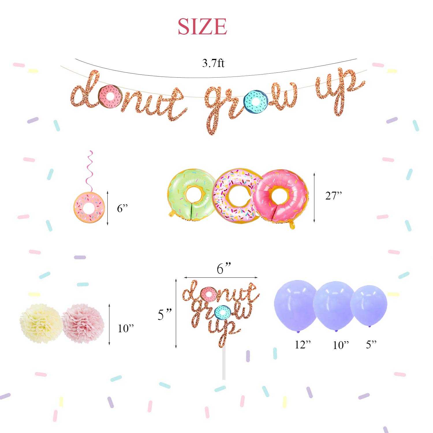 Donut Grow Up Party Decorations Kit - First Birthday Supplies with Glitter Banner, Cake Topper & Foil Balloons for Baby Shower, 1st Birthday Party Decor