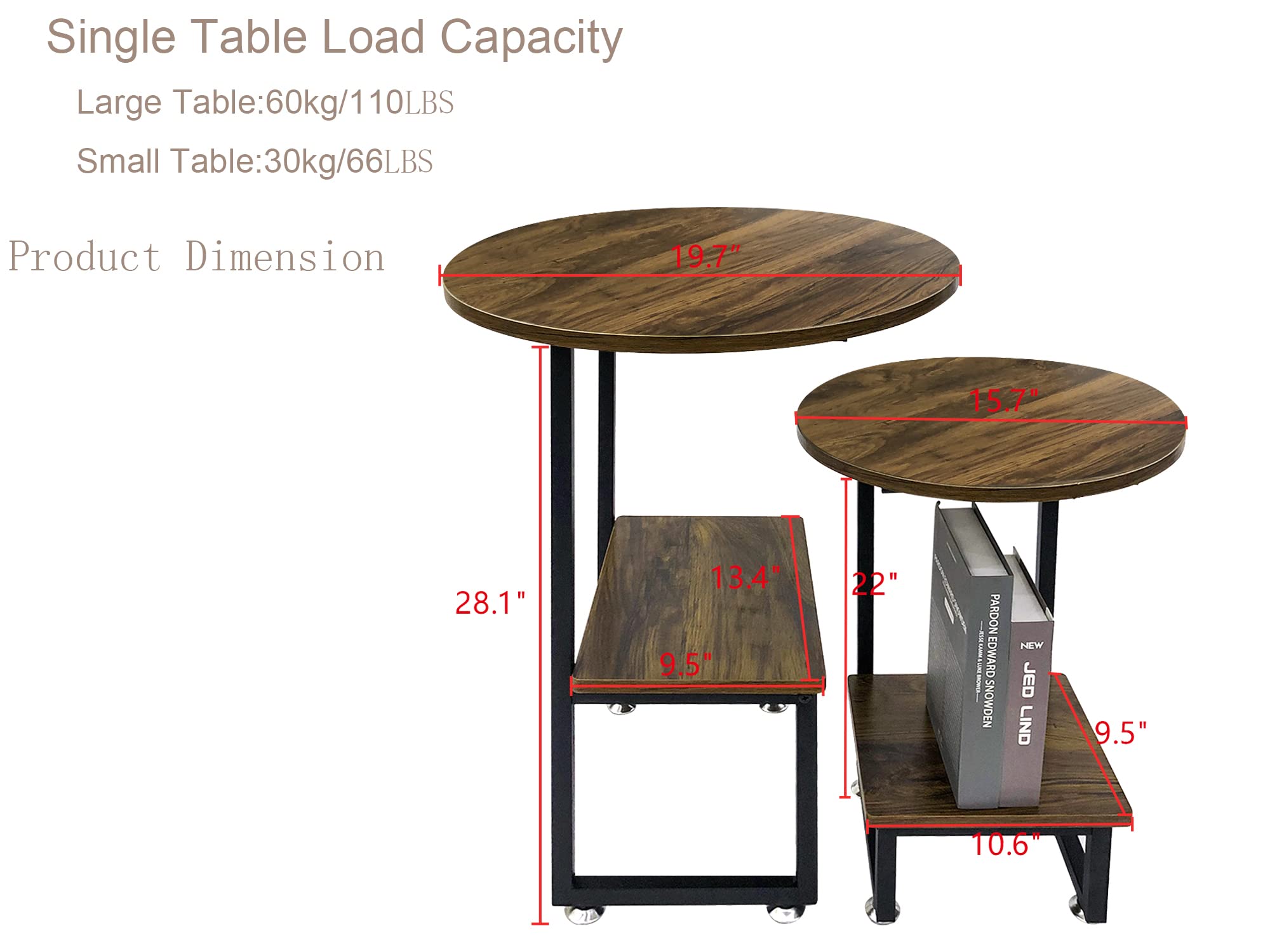 Beey Round Nesting Coffee Table Set of 2 - Farmhouse Style Wood & Metal End Tables with Sturdy Frame - Reclaimed Oak Finish - Perfect for Living Room, Balcony, or Bedroom Decor