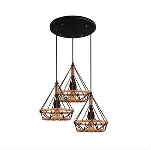 Vintage Industrial Pendant Light - E27 Edison Bulb Chandelier with Hemp Rope & Diamond Iron Cage - 3 Head Retro Ceiling Lamp for Farmhouse, Loft, or Restaurant Decor