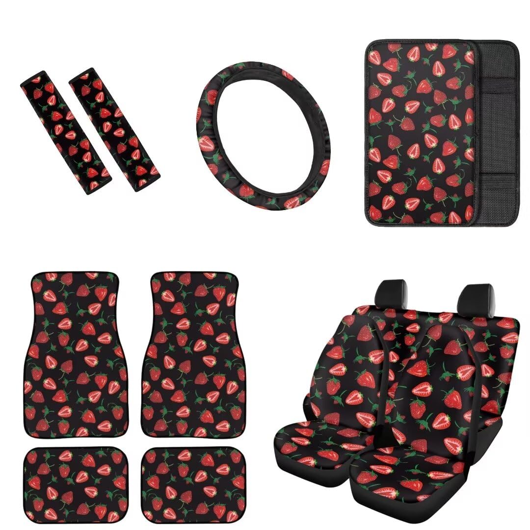 Premium Red Strawberry Car Accessories Set - 4-Piece Car Seat Covers, Floor Mats, Steering Wheel Cover & Armrest Protector | Cute & Comfortable Interior Upgrade for Sedans, SUVs & Trucks