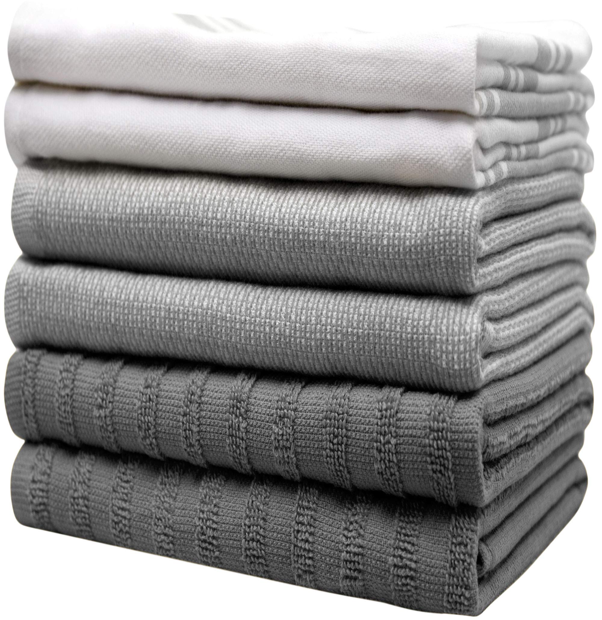 Premium Cotton Kitchen Towels Set (6 Pack, 20”x28”) - Super Absorbent Large Hand & Tea Towels with Hanging Loop | Flat & Terry Weave | Grey Wide Stripe | Perfect for Cooking, Baking, Dish Drying & Kitchen Decor