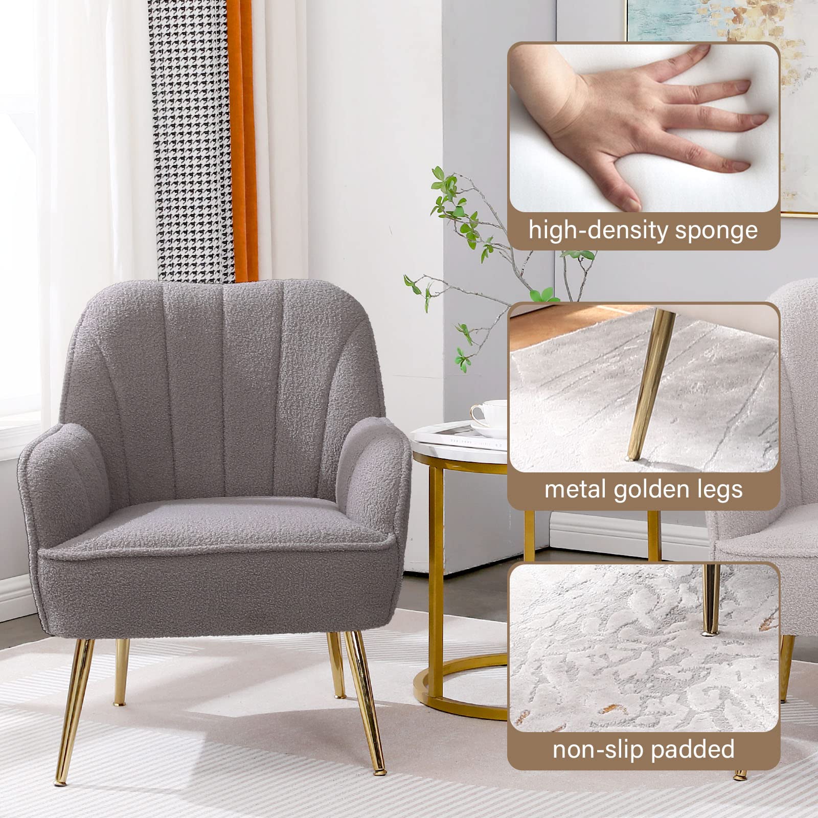 Modern Accent Chair Set of 2 - Plush Teddy Furry Upholstered Armchairs with Sherpa Fabric & Gold Metal Legs, Cozy Living Room Seating for Reading Nook, Bedroom or Home Office (Grey) - Perfect for Relaxing, Lounging & Enhancing Your Interior Decor