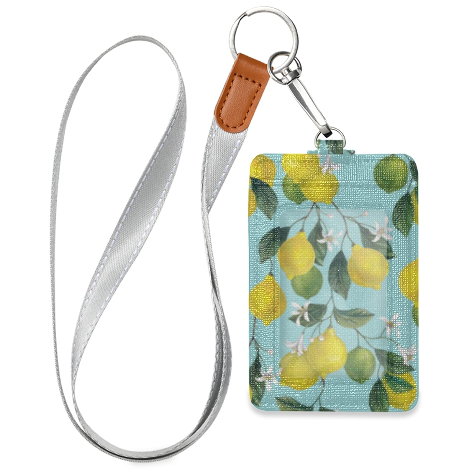 Vertical Leather ID Badge Holder with Lanyard - Yellow Lemons Design for Office & School Staff