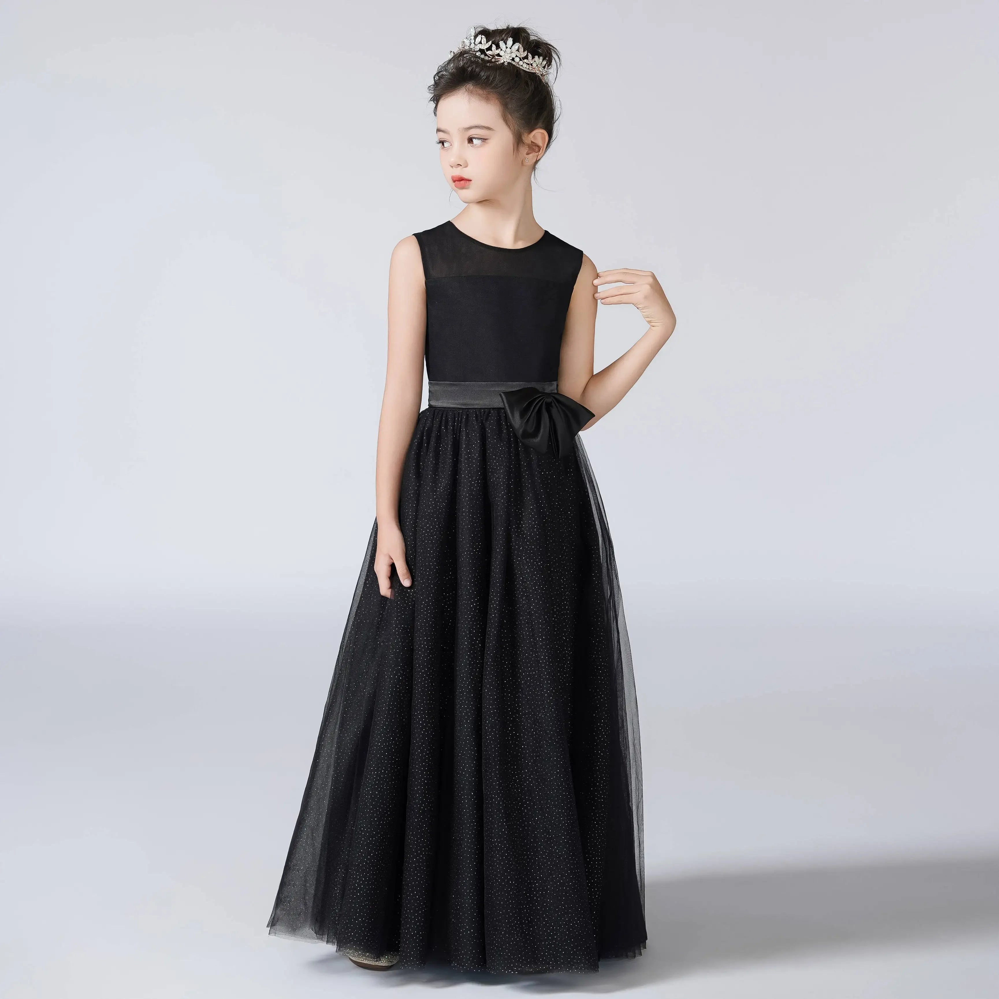 Shiny Black Tulle O-Neck Girls Party Dress - Elegant Formal Wear for Birthday, Wedding & Special Occasions