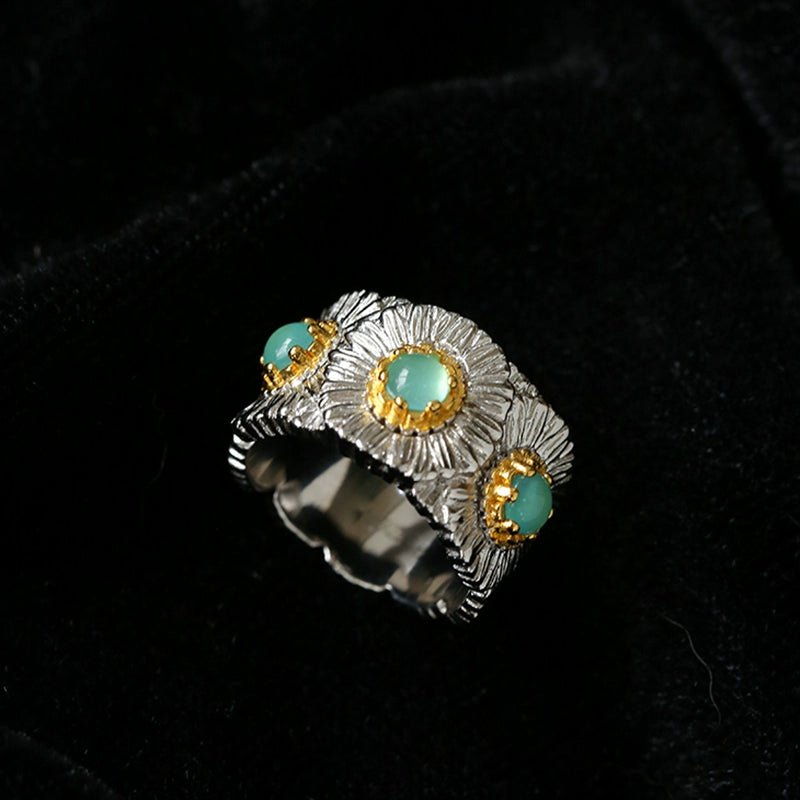 Buccellati Inspired Daisy Ring - 925 Sterling Silver Wide Band with Natural Gemstone for Women | Elegant Floral Jewelry for Weddings, Parties & Everyday Wear