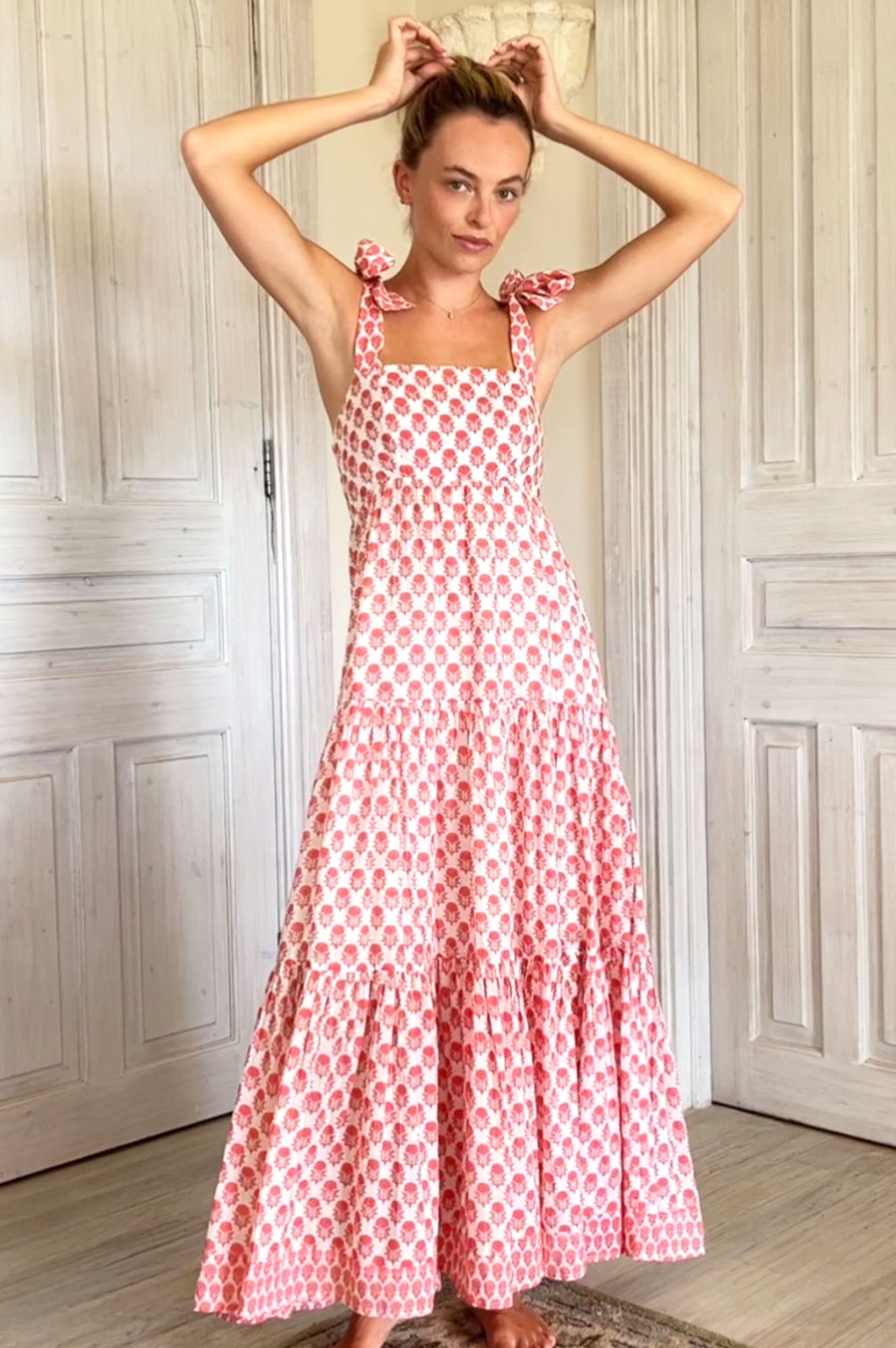 Tabitha Organic Cotton Maxi Dress for Women | Floral Pineapple Coral Print | Summer Beach Dress, Boho Chic Outfit for Vacation & Outdoor Parties