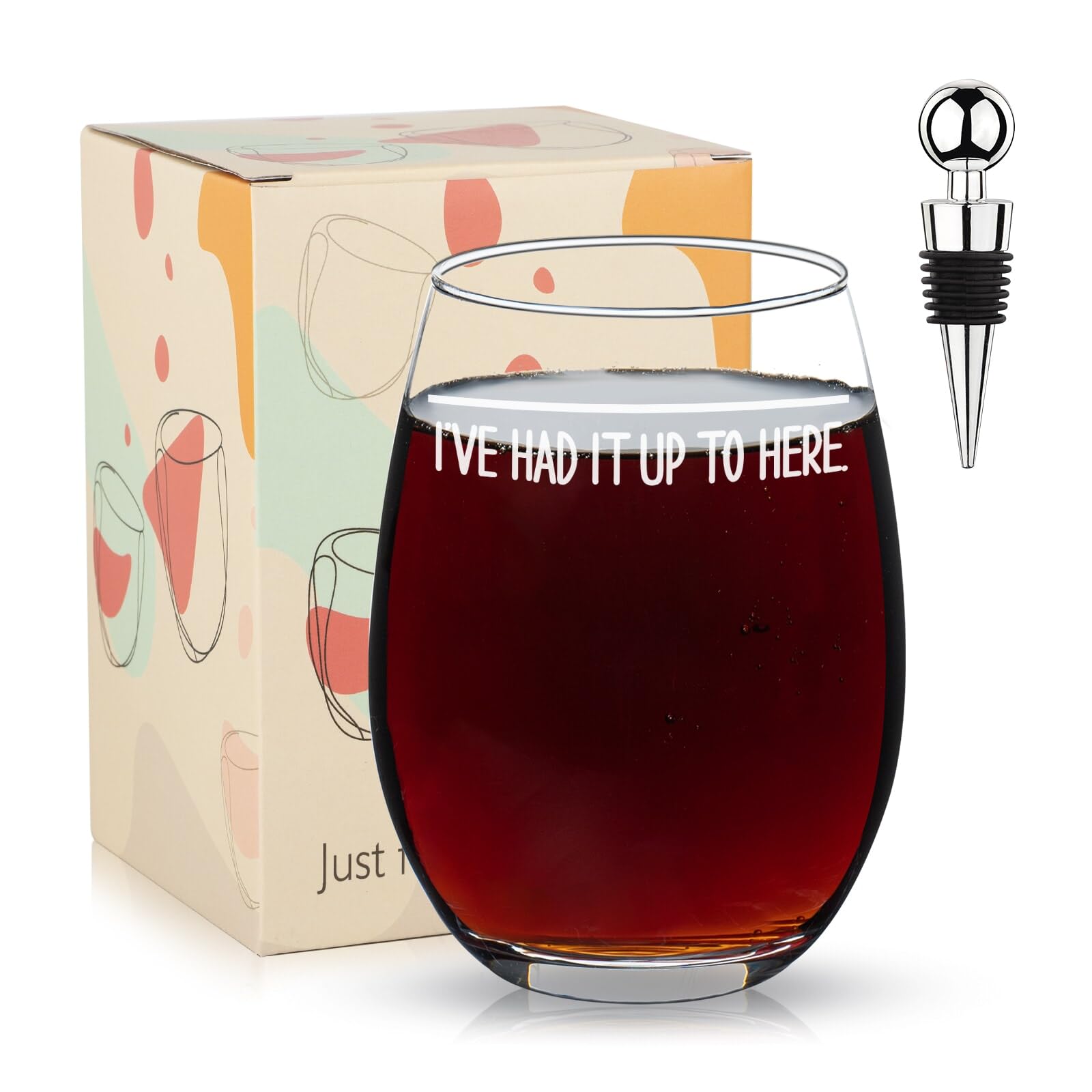 Funny White Elephant Gifts for Women & Men - 16oz 'I've Had It Up To Here' Stemless Wine Glass - Hilarious Gag Gifts for Birthday, Christmas & Parties - Perfect for Dad, Mom & Coworkers