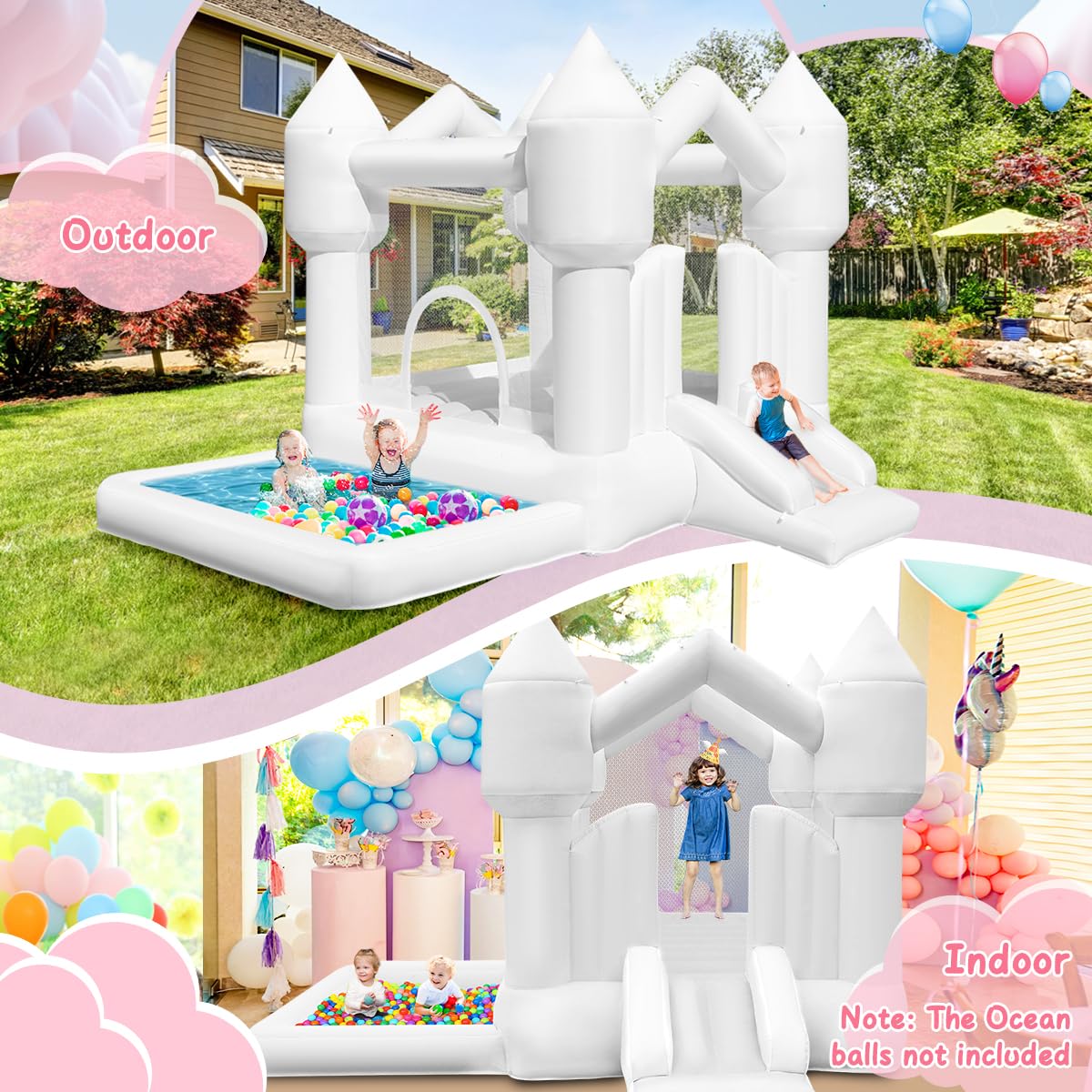 **Inflatable Bounce House for Kids with Slide - White Bouncy Castle for Birthday Parties, Weddings, Backyard & Indoor/Outdoor Fun (Includes Blower) - Perfect for Playdates, Events & Family Gatherings**