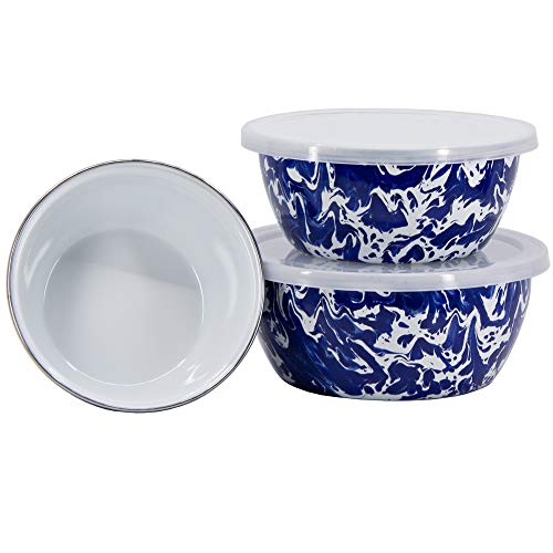 Premium Cobalt Blue Swirl Enamelware Nesting Bowl Set - 3-Piece Kitchen Essentials for Mixing, Serving & Food Storage | Durable & Stylish for Home, Camping & Picnics